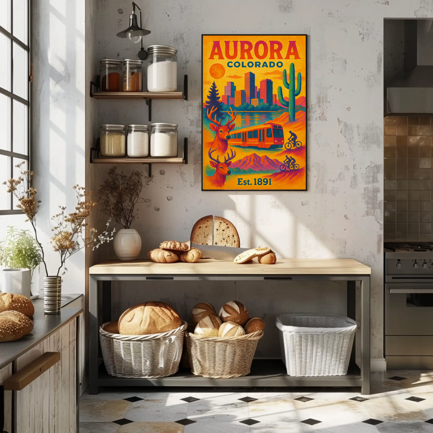 Aurora Colorado Mountains City Train Wildlife Cactus Travel Poster