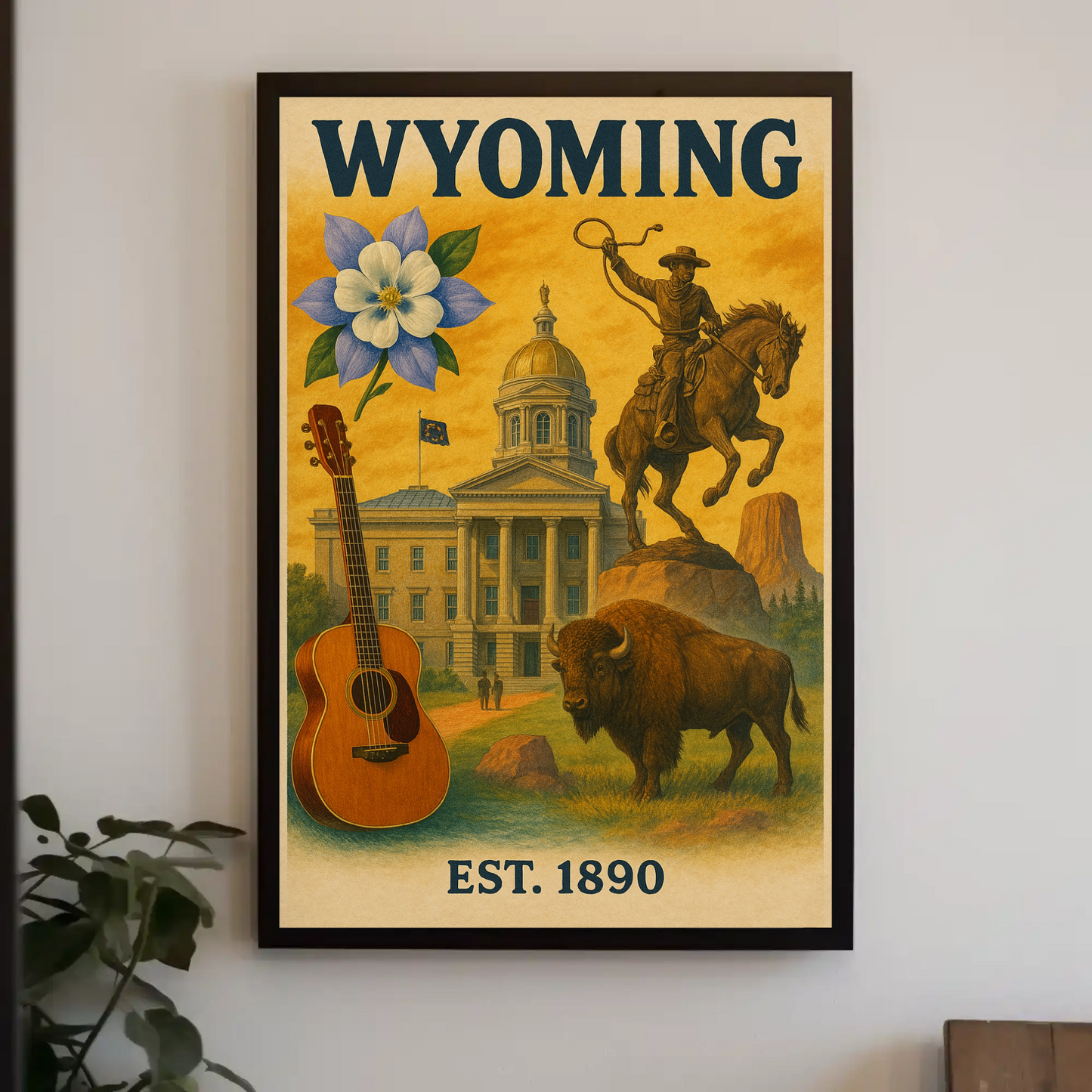 Wyoming Capitol Rodeo Guitar Bison Flower Vintage Travel Poster