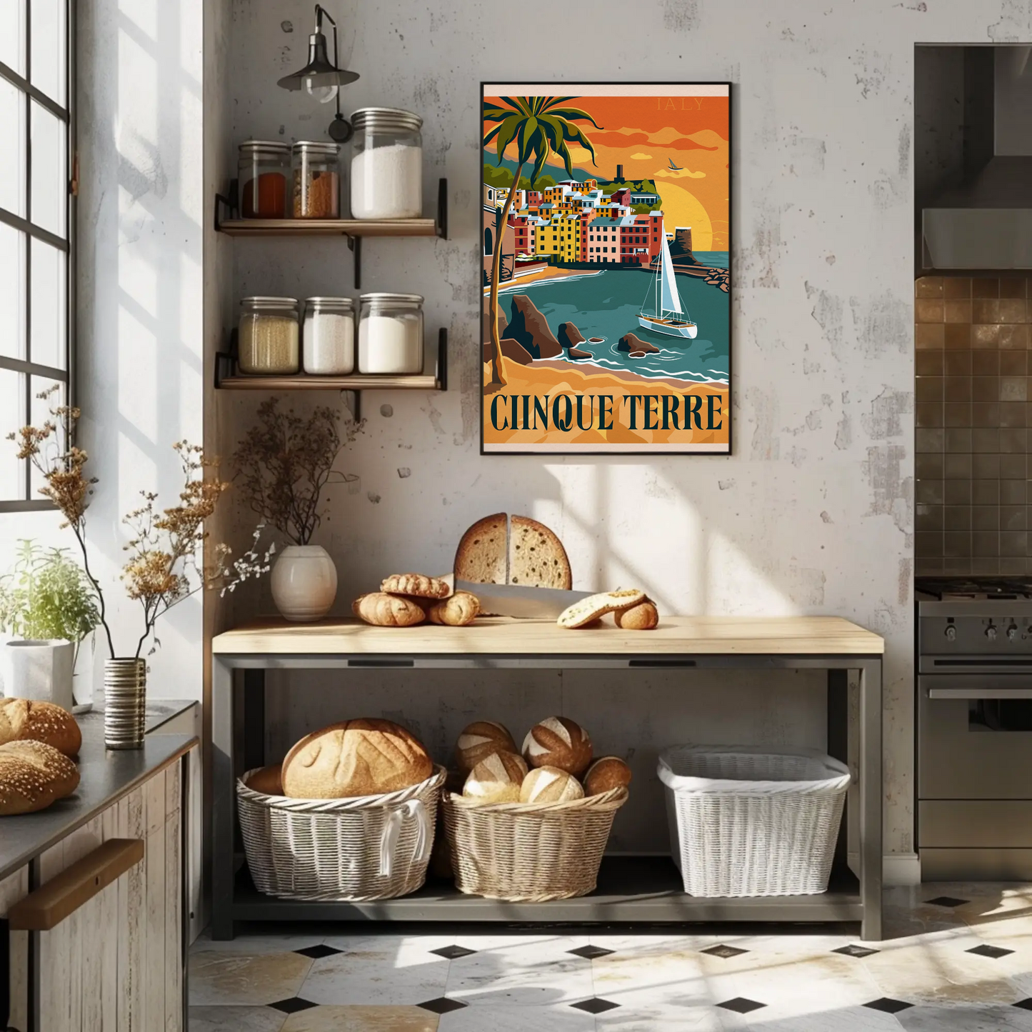 Cinque Terre Italy Vibrant Sunset Harbor Travel Poster