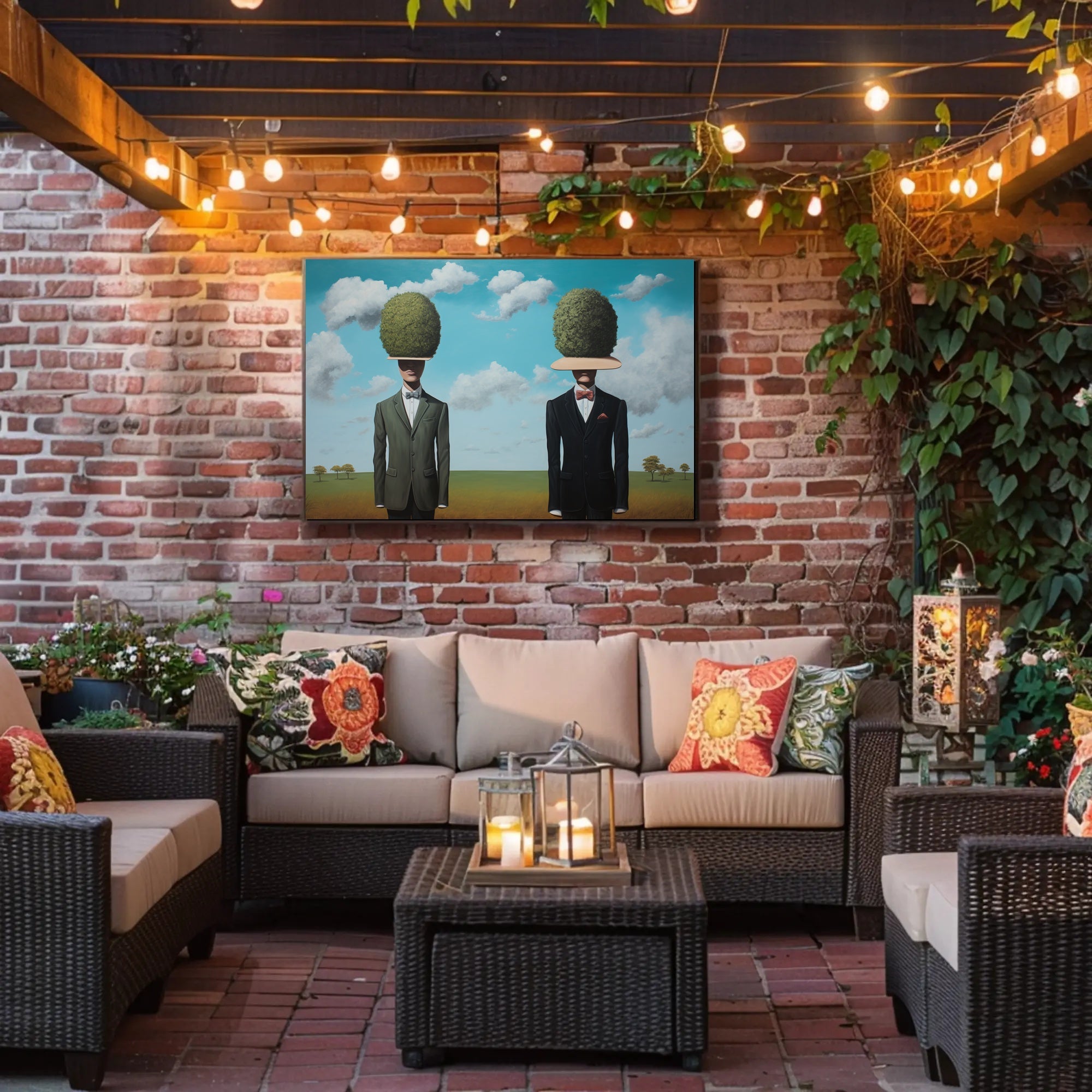 Surreal Suited Figures Artistic Poster Under Blue Sky