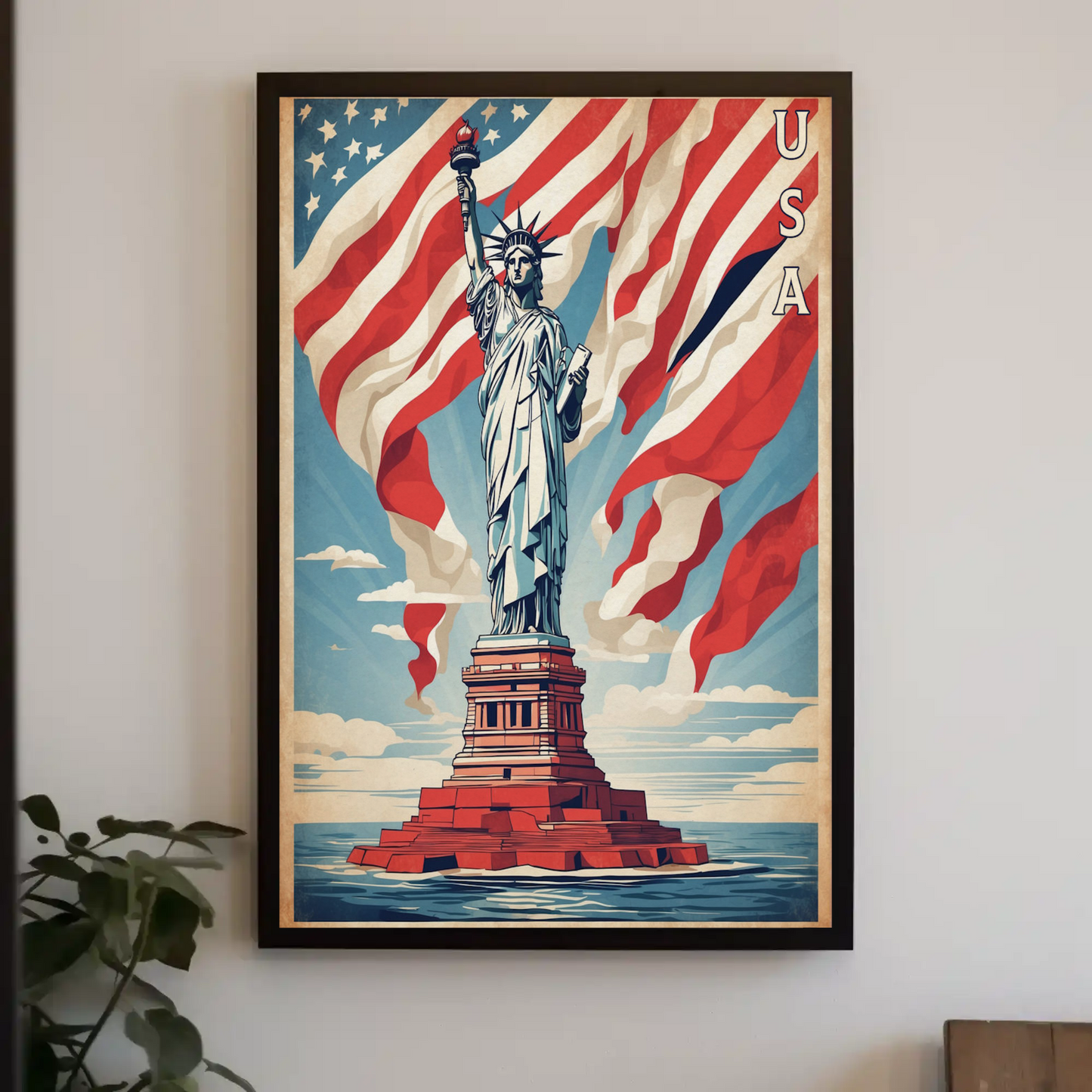 Liberty Statue American Flag Waves Vintage Travel Poster