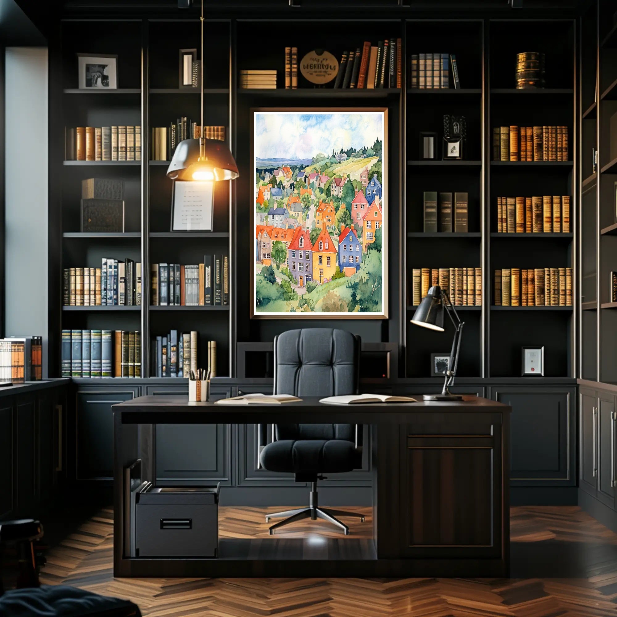 Colorful Hillside Village Poster PosterGoat