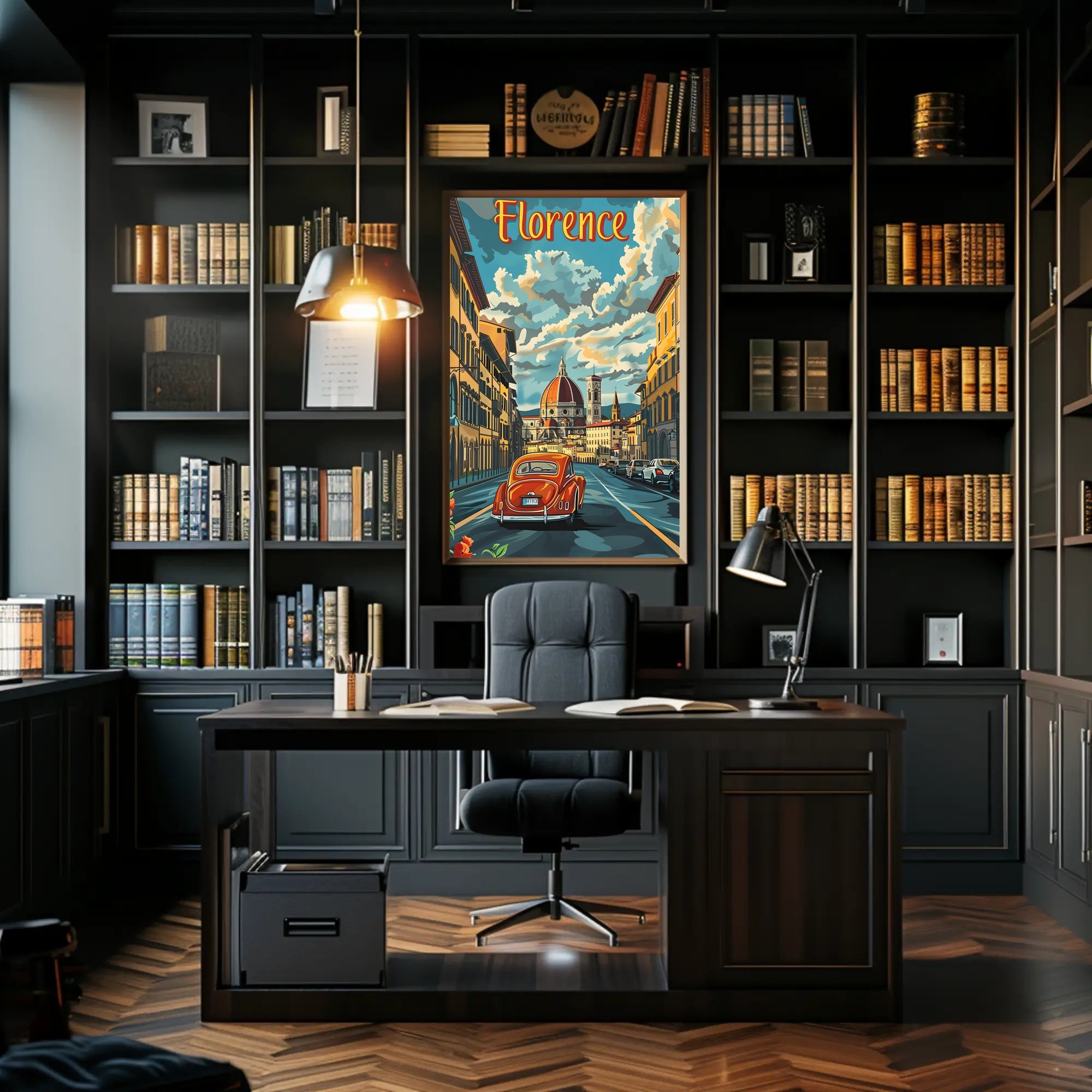 Florence Cathedral scene with vintage car poster