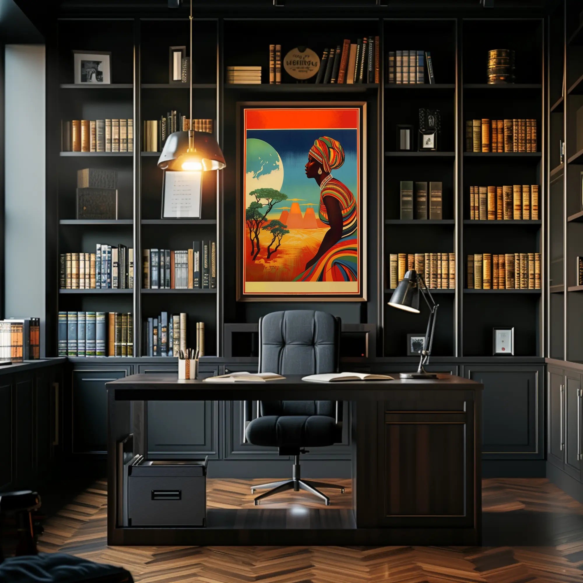 Radiant Earth: Woman in Traditional Attire with Moonlit Landscape Poster