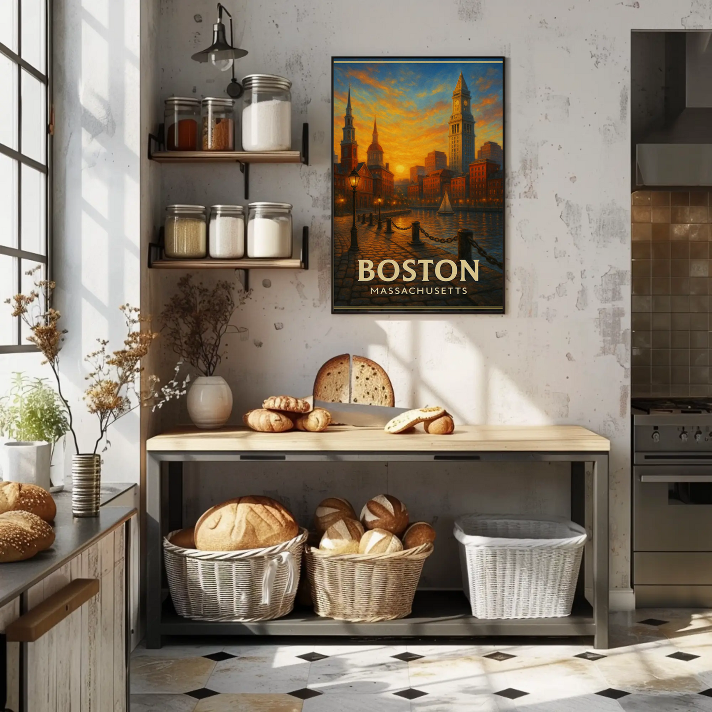 Boston Massachusetts Sunset Harbor Cityscape Travel Poster