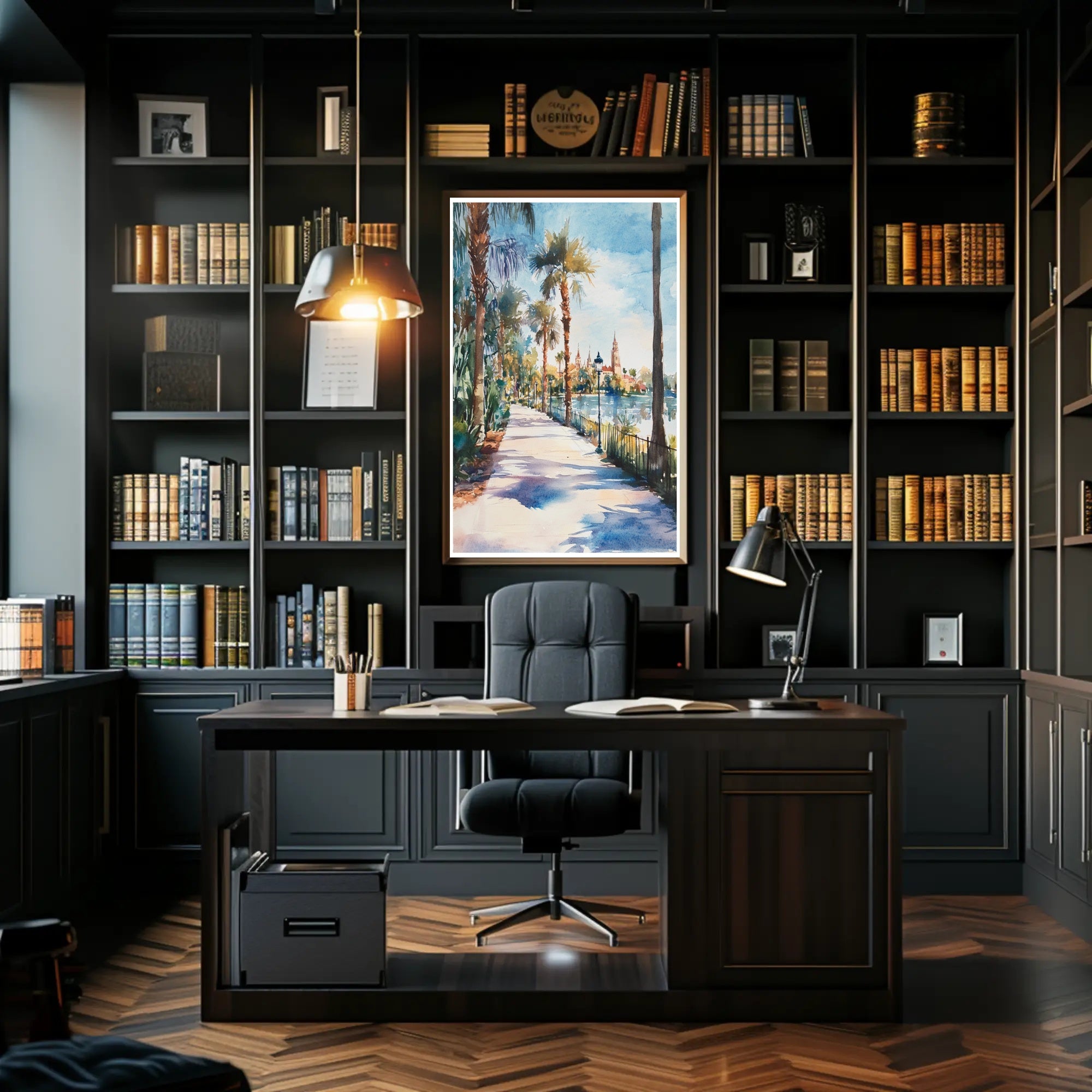 Serene Riverside Promenade Poster PosterGoat