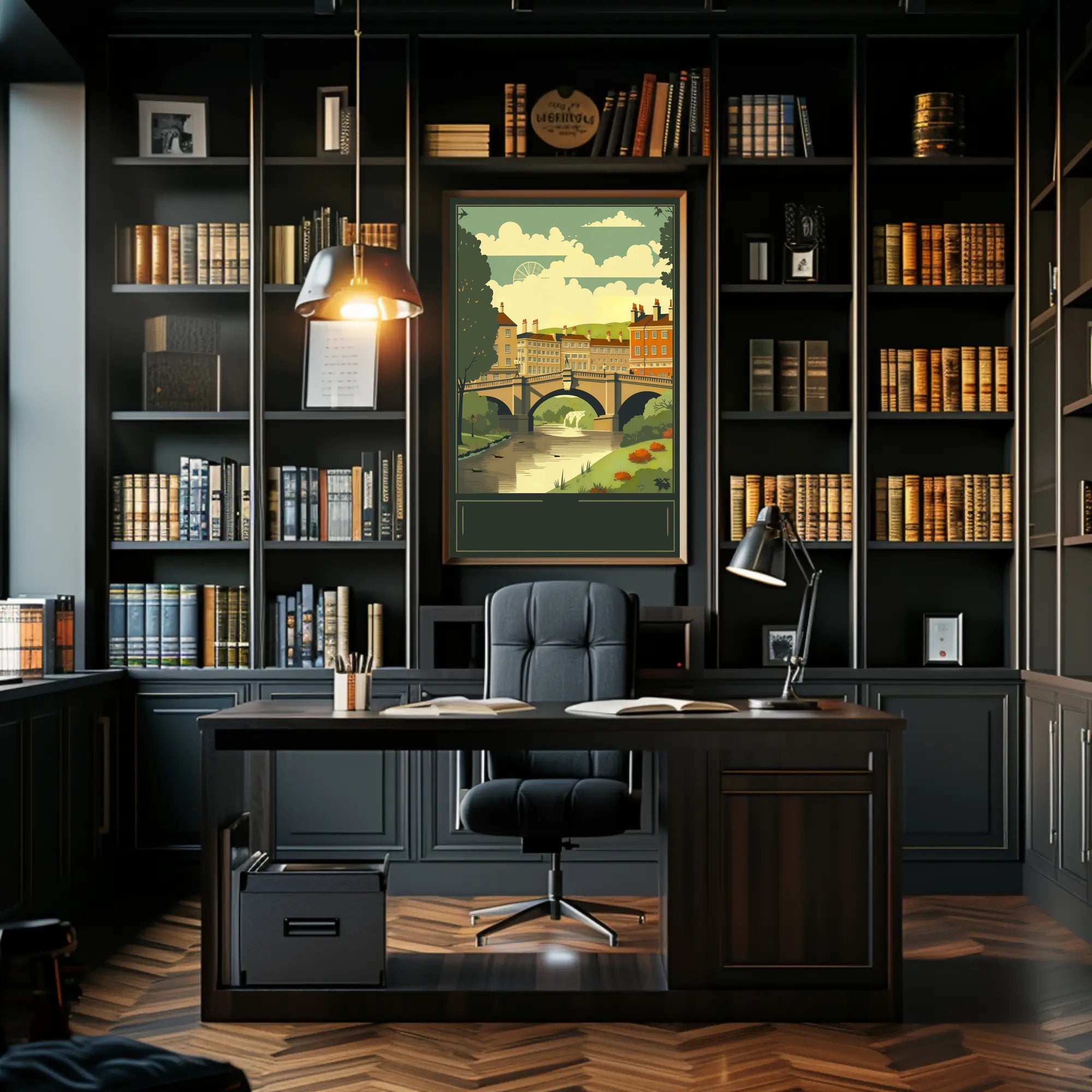 Serene Riverside Townscape Poster