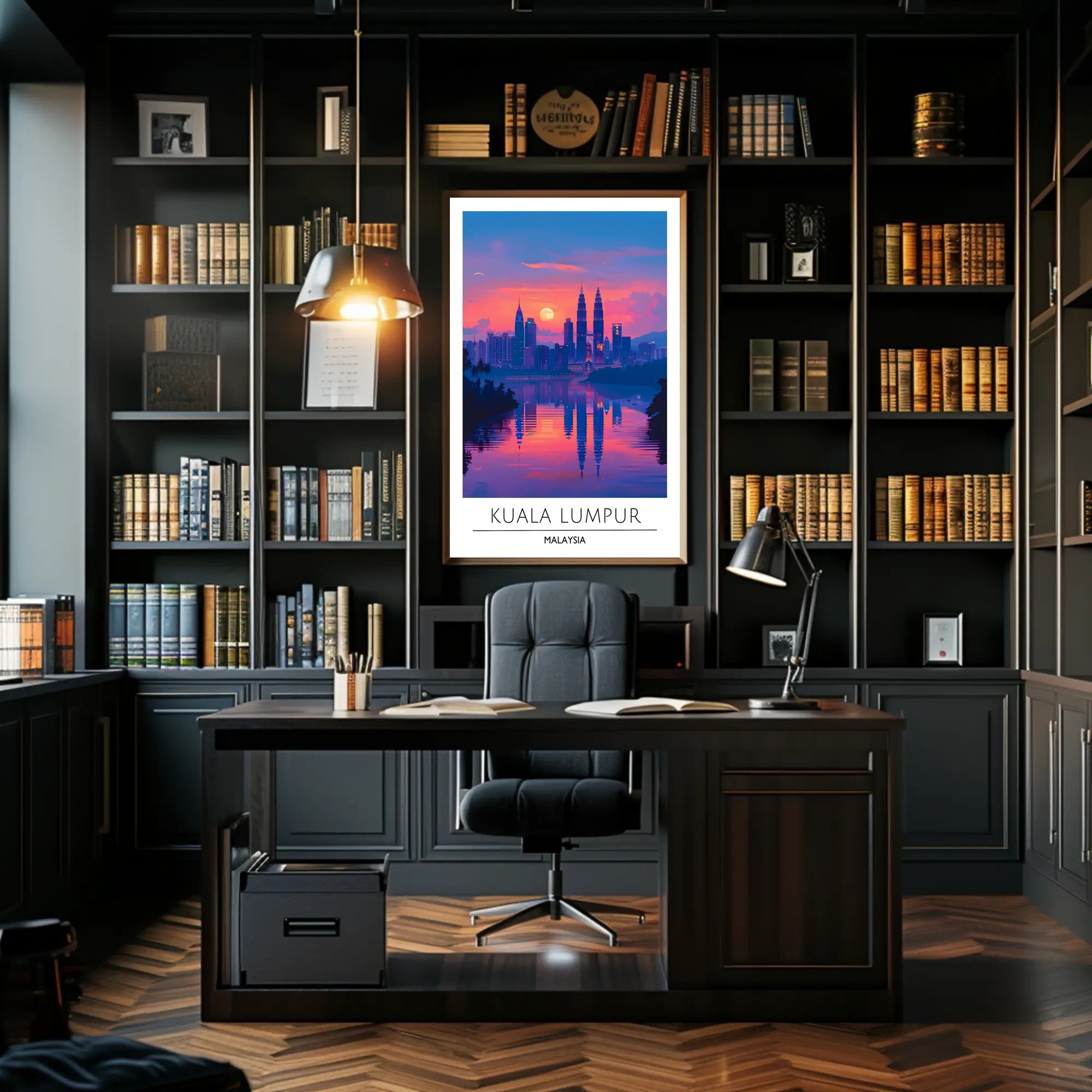 Kuala Lumpur skyline art with sunset urban cityscape poster