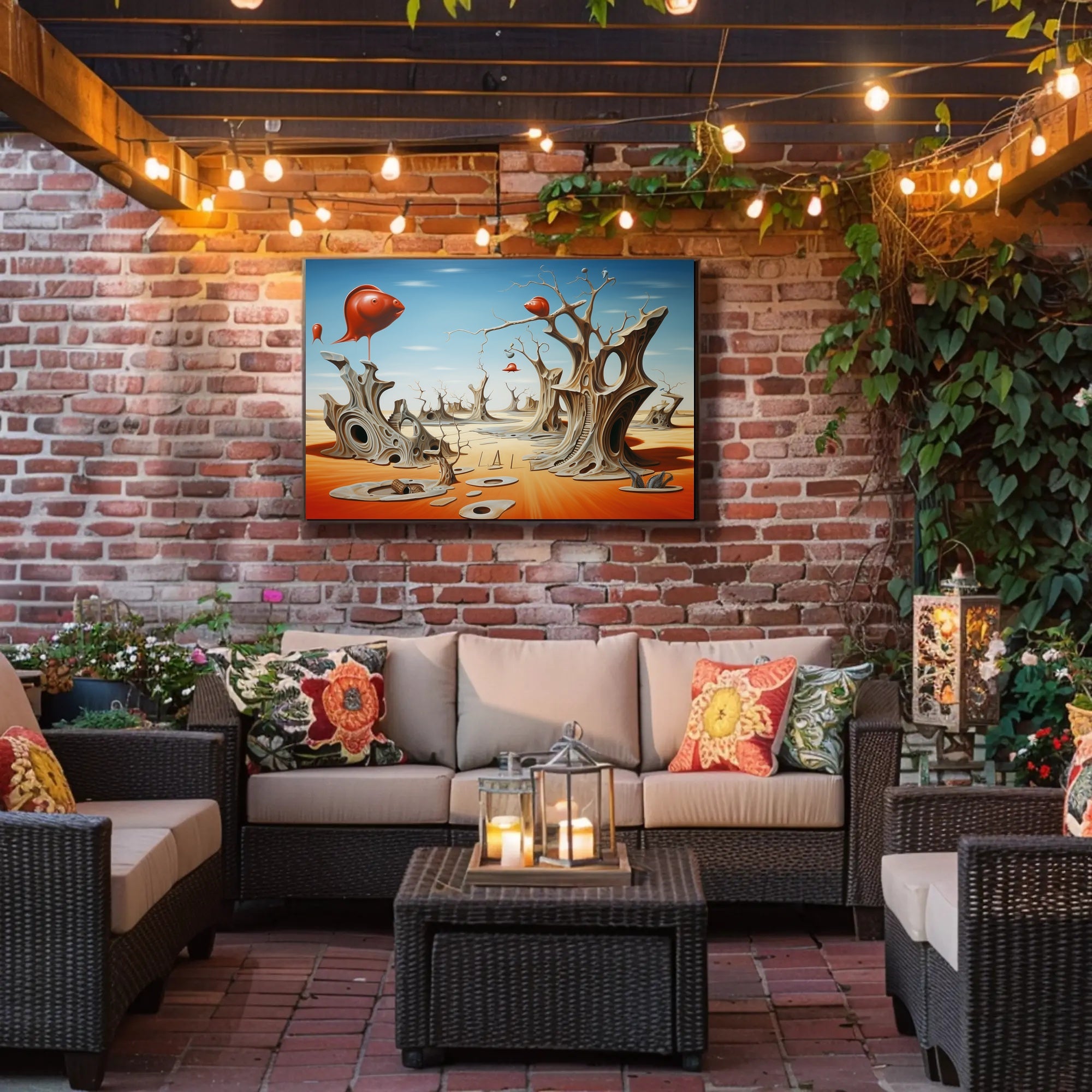 Surreal Desert Dreamscape With Whimsical Fish Objects - Artistic Poster