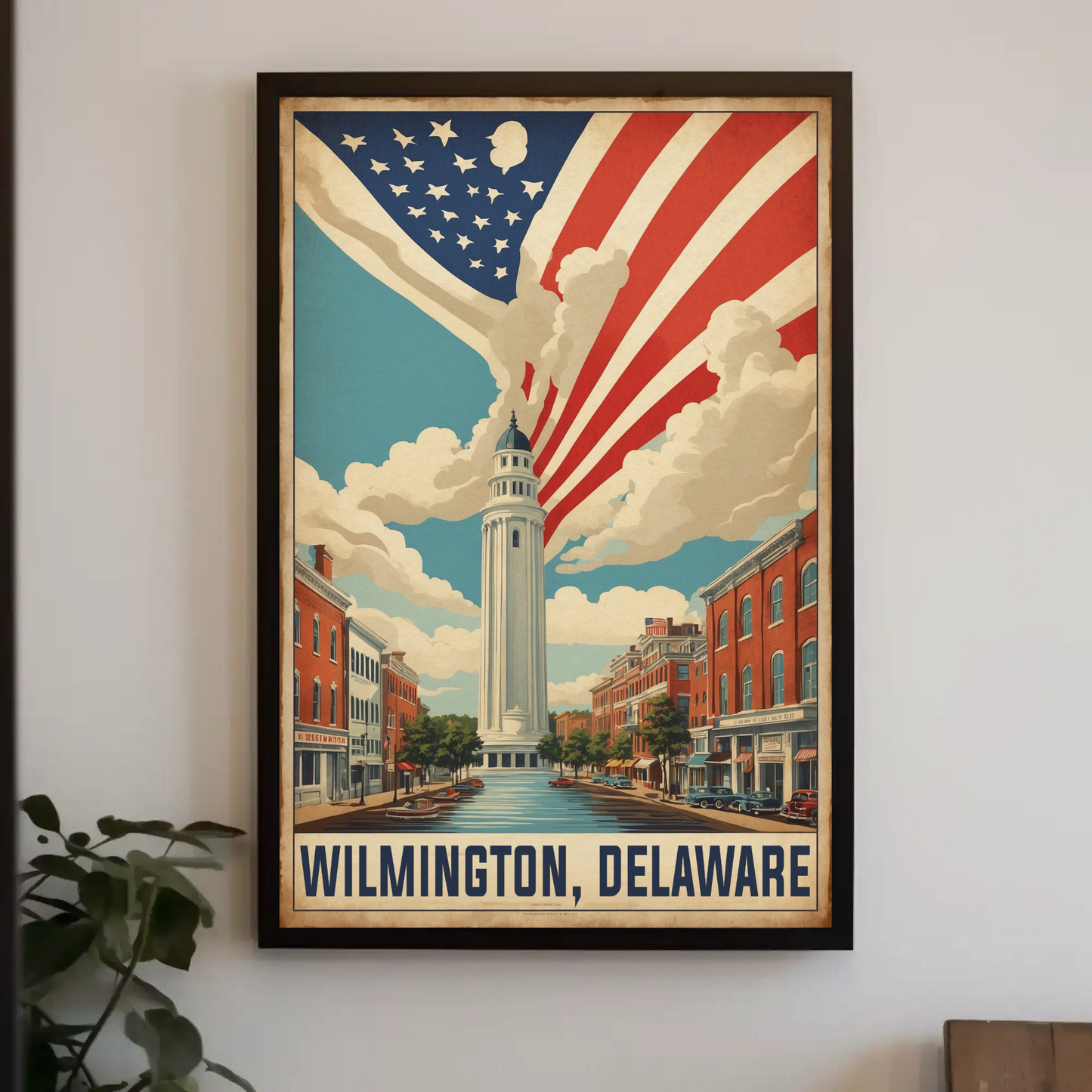 Wilmington Delaware Tower And Flag Streetscape Vintage Travel Poster