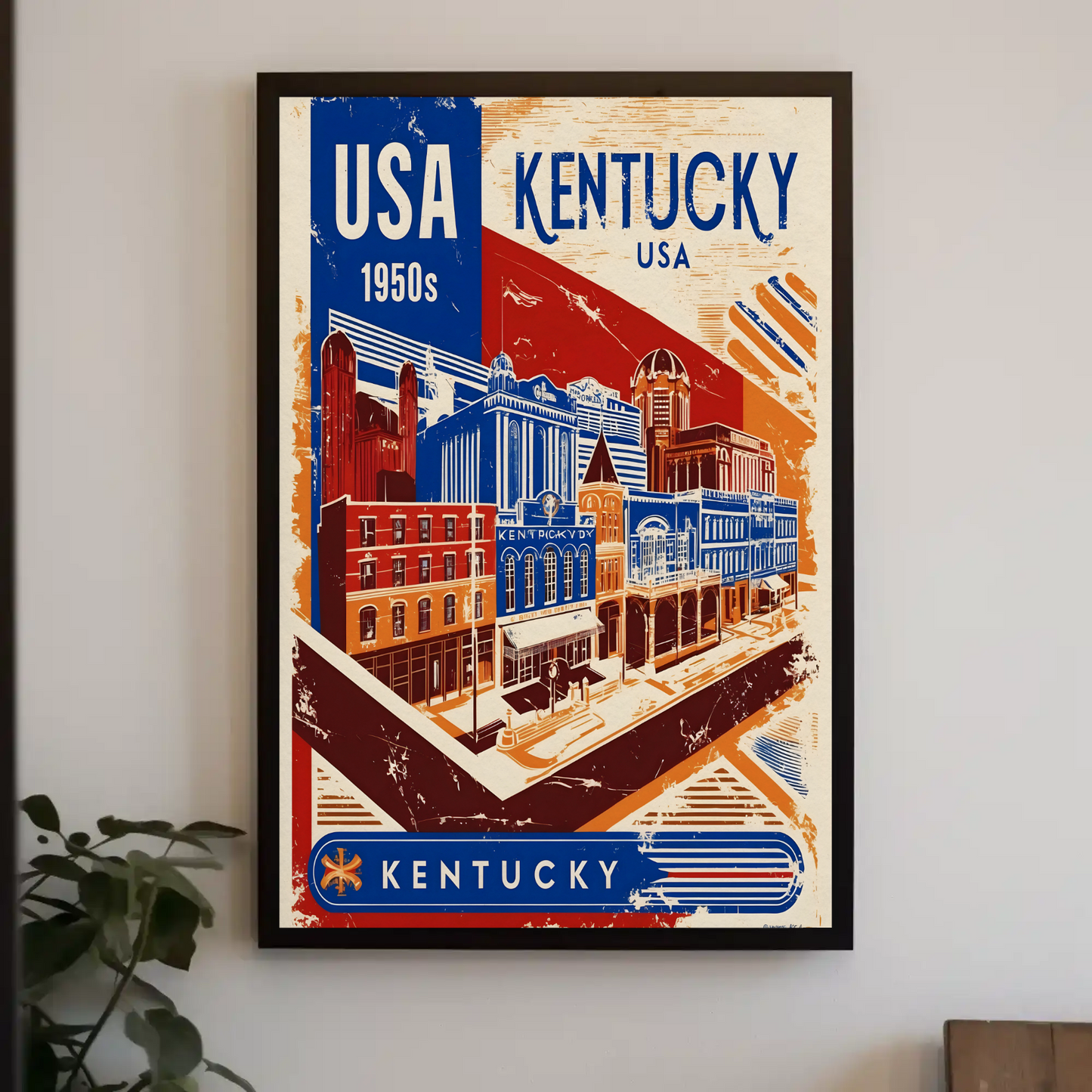 Kentucky USA 1950s Downtown Streets Vintage Maroon Travel Poster