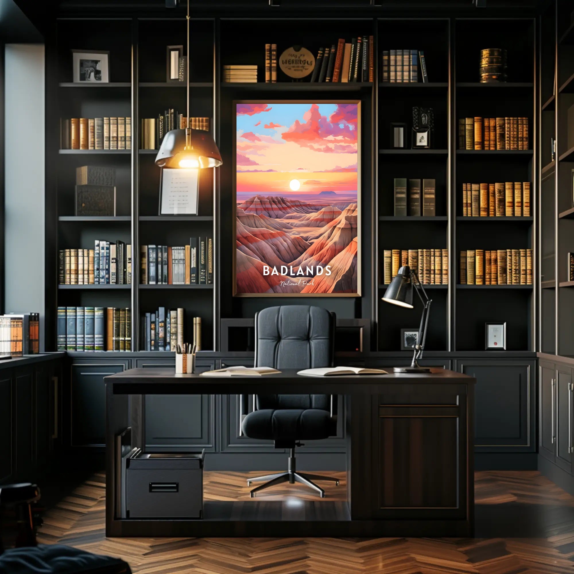 Badlands Sunset at Dusk: National Park Poster
