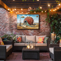 The poster presents a surreal, otherworldly landscape set in what appears to be Travel Poster