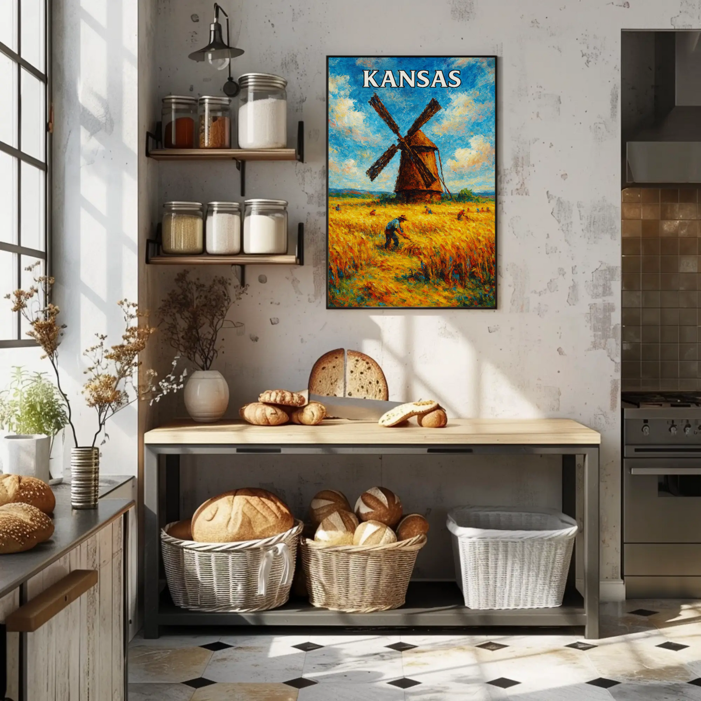 Kansas Windmill Wheat Field Harvest Painting Poster Poster