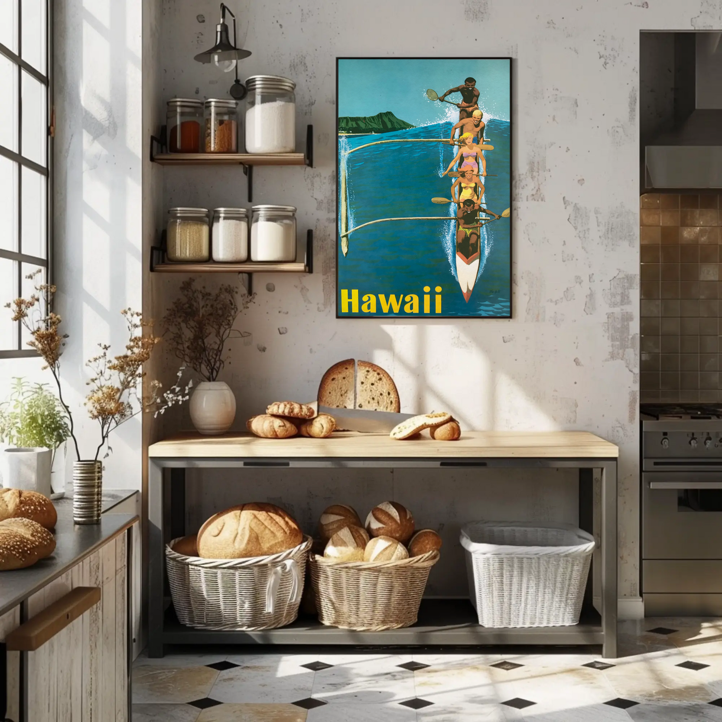 Hawaii Canoe Paddling Vintage Travel Poster Scene