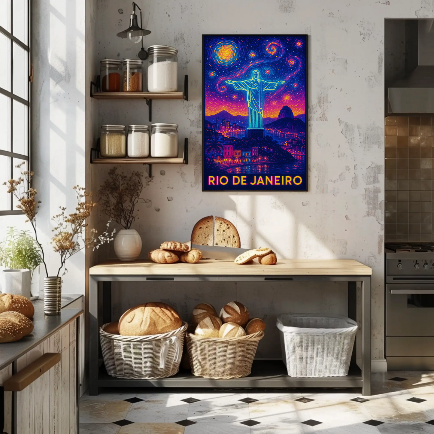 Rio De Janeiro Christ Neon Night Sky Travel Poster