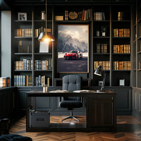 Sleek Red Sports Car in Alpine Landscape Poster PosterGoat