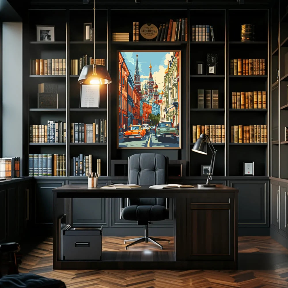 Moscow Retro Street Scene with St. Basil's Cathedral