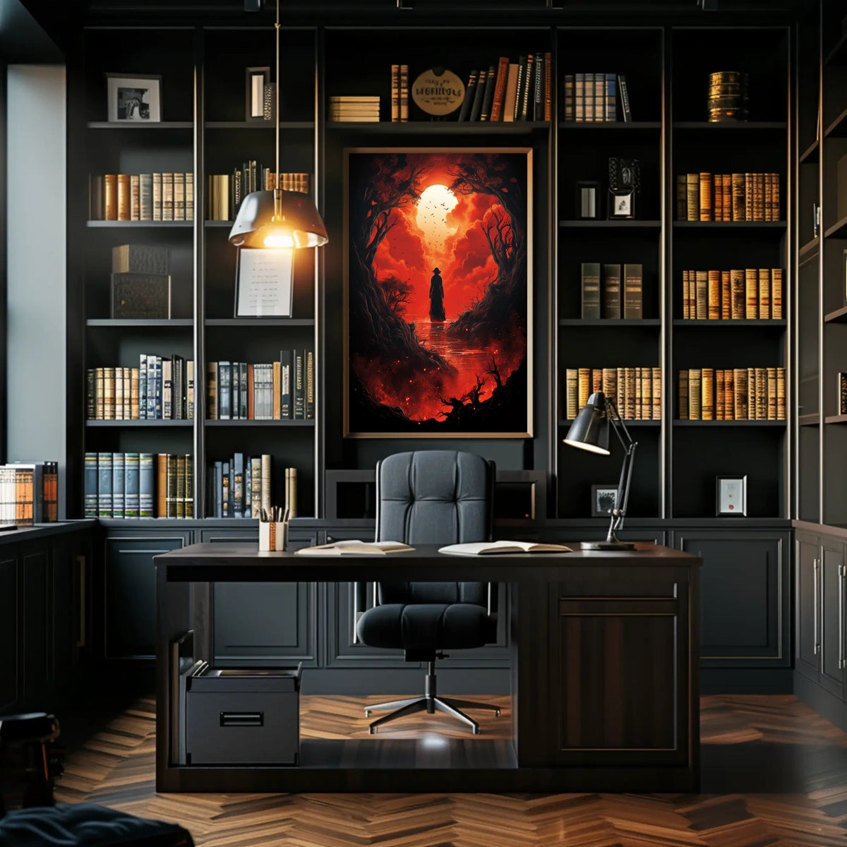 Wandering Traveler in Fiery Fantasy Landscape Poster