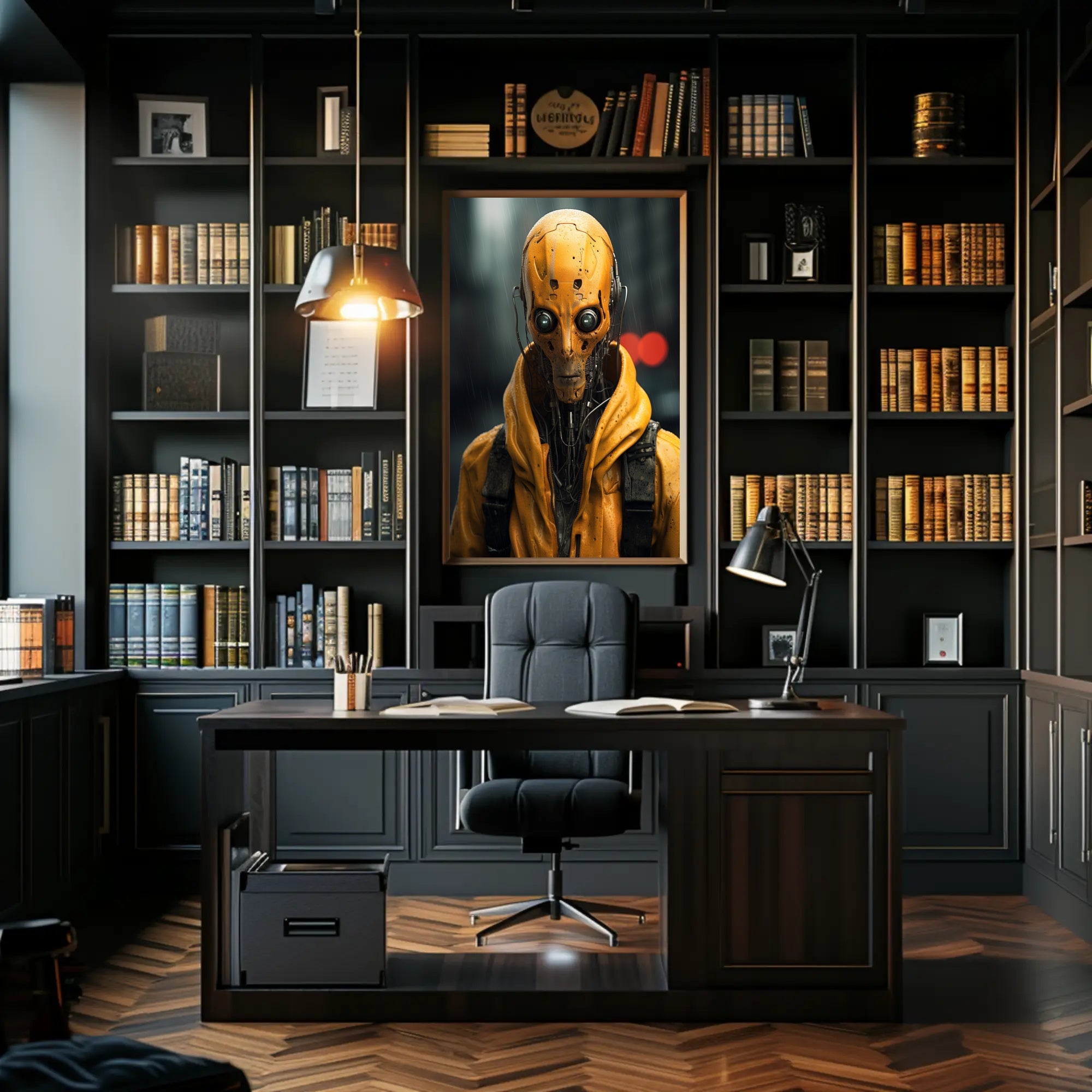 Cybernetic Sentinel In The Rain Poster PosterGoat