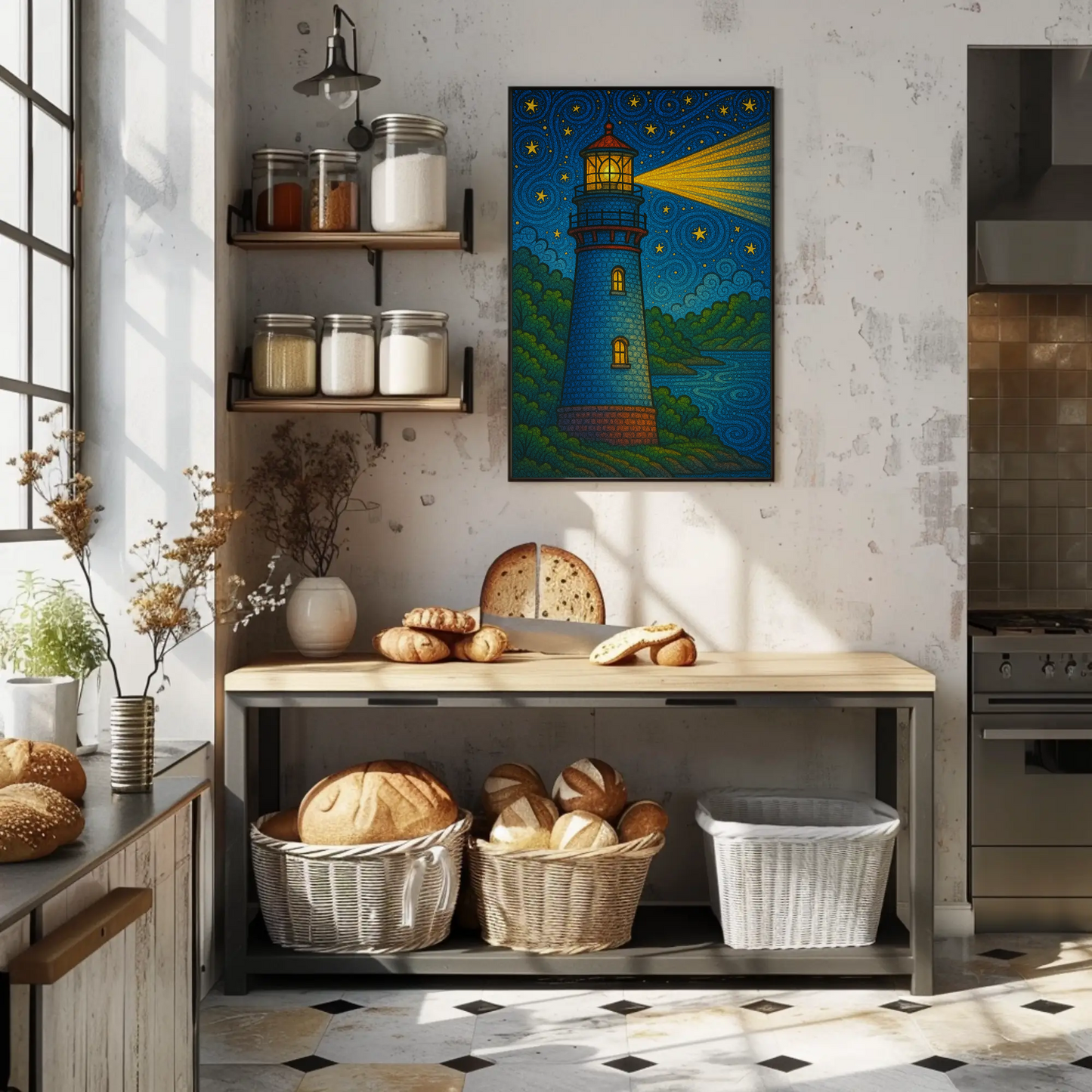 Lighthouse Night Stars Ocean Beacon Illustration Travel Poster