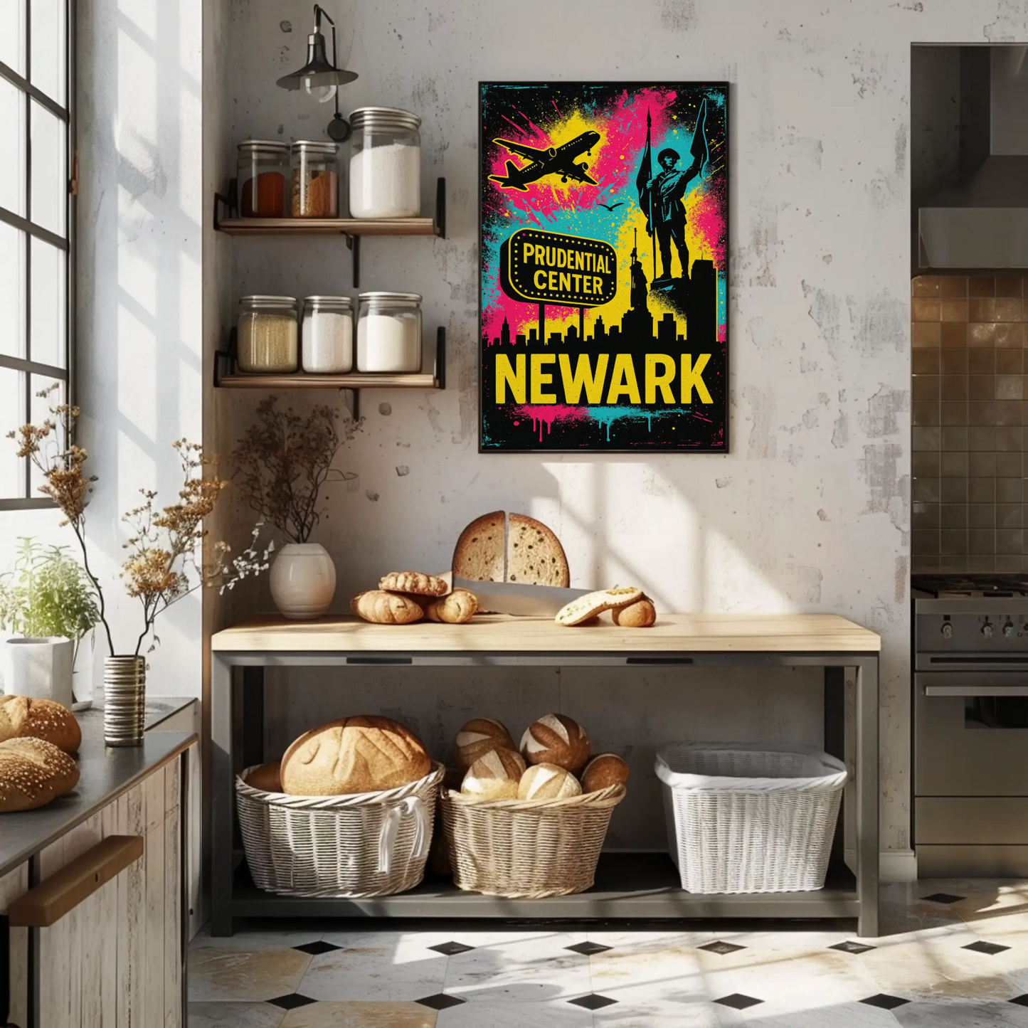 Newark New Jersey Neon Prudential Center Skyline Travel Poster