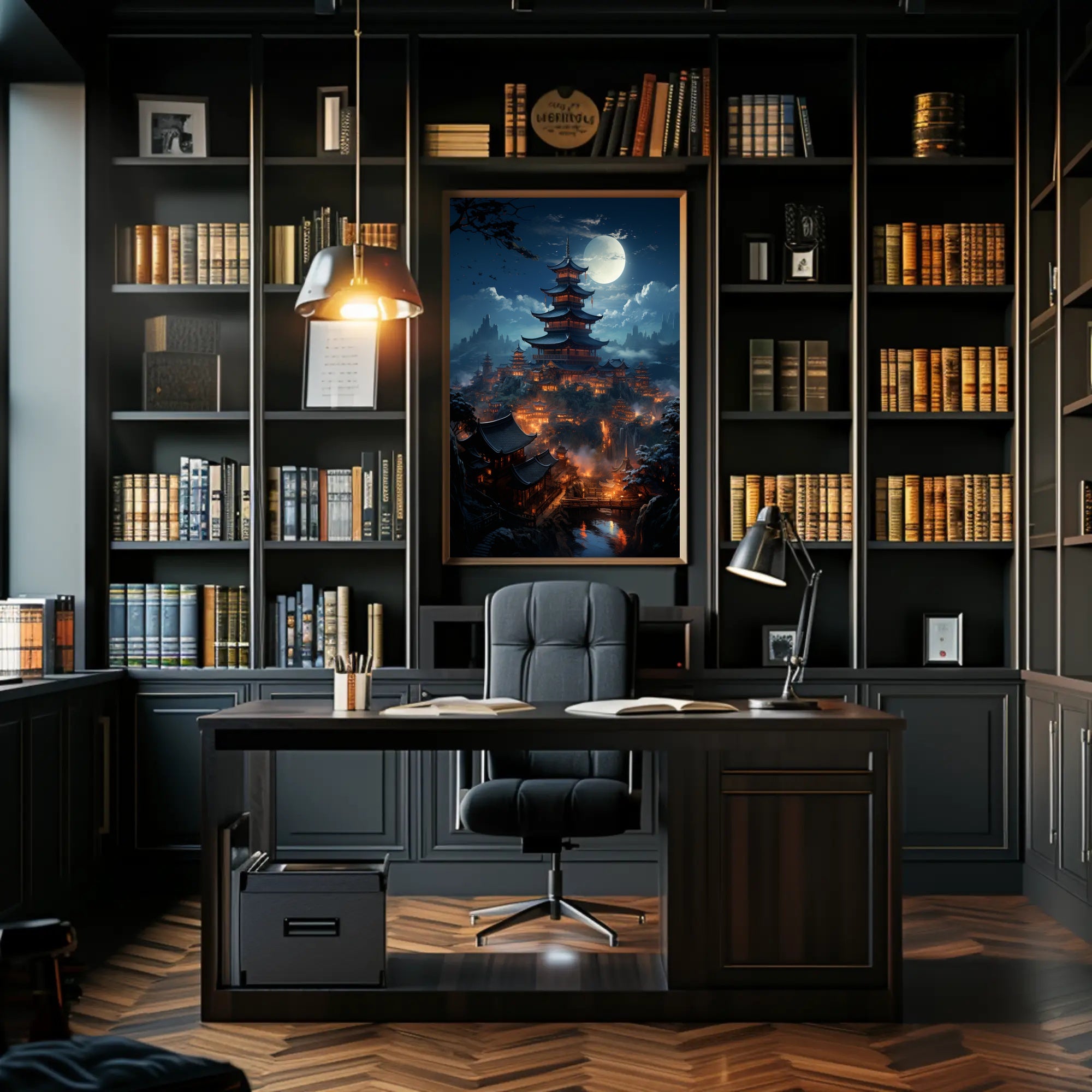 Moonlit Pagoda Village Poster