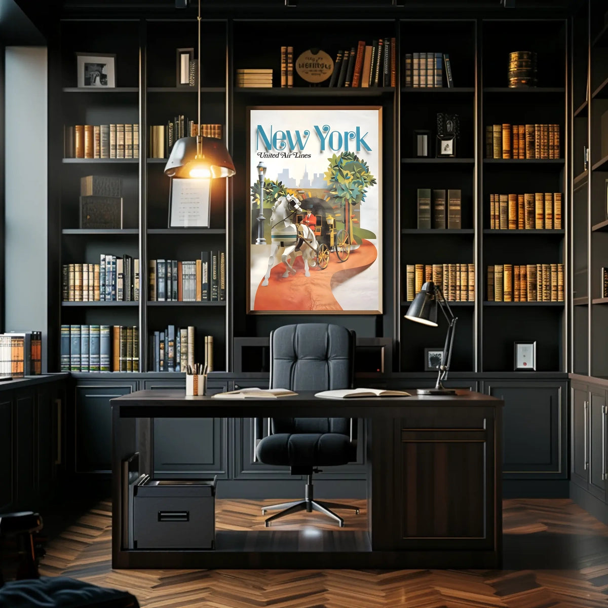 New York Skyline Carriage Travel Poster Vintage Wall Art