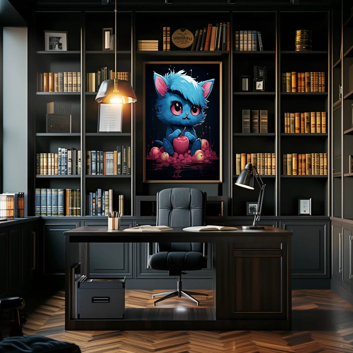 Enigmatic Blue Cat With Apple Poster