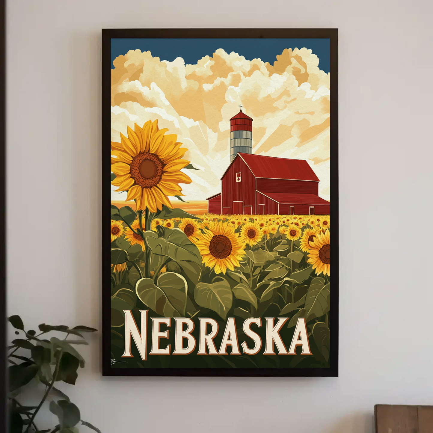 Nebraska Vintage Poster - Sunflower Barn