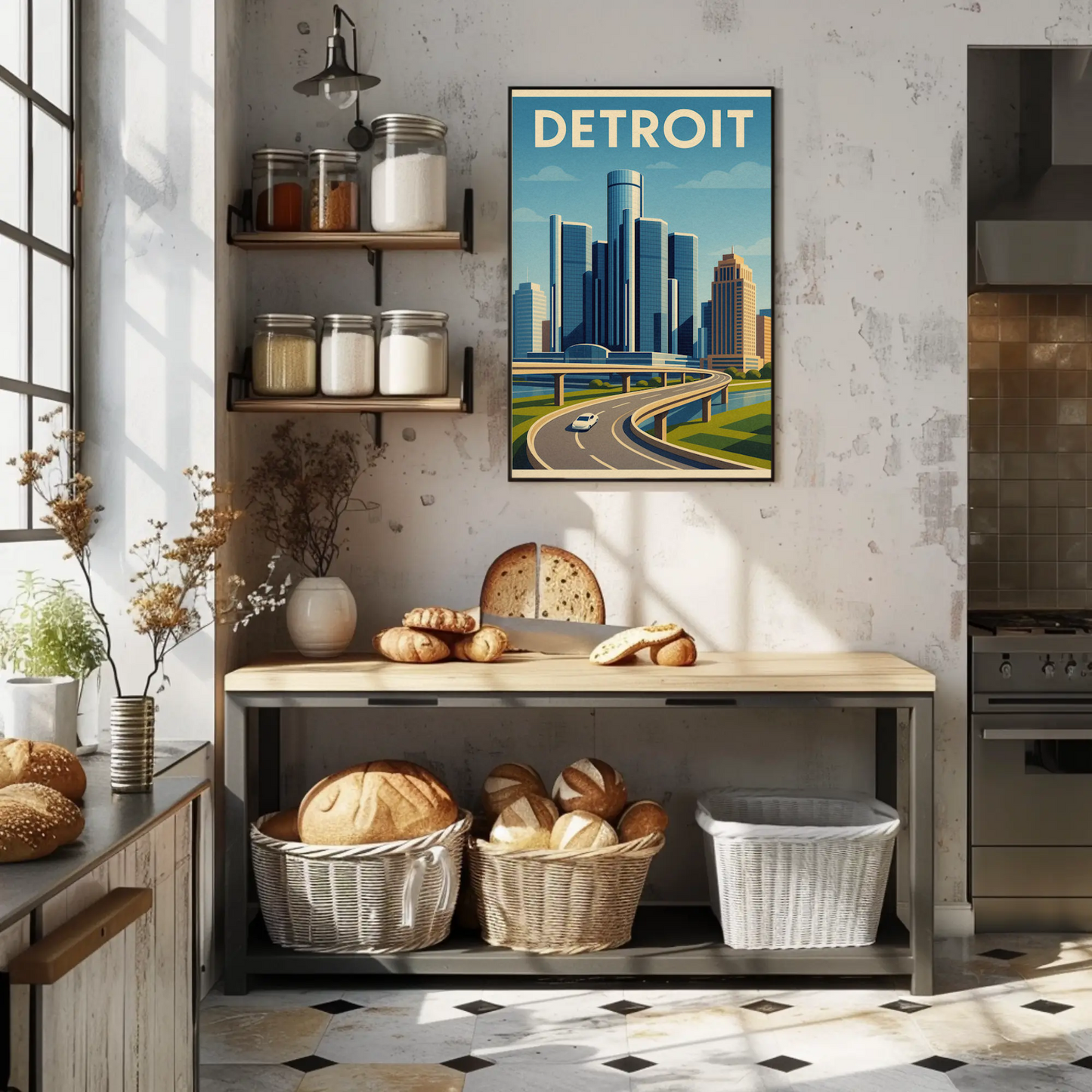 Detroit Highway View Modern Skyline Travel Poster