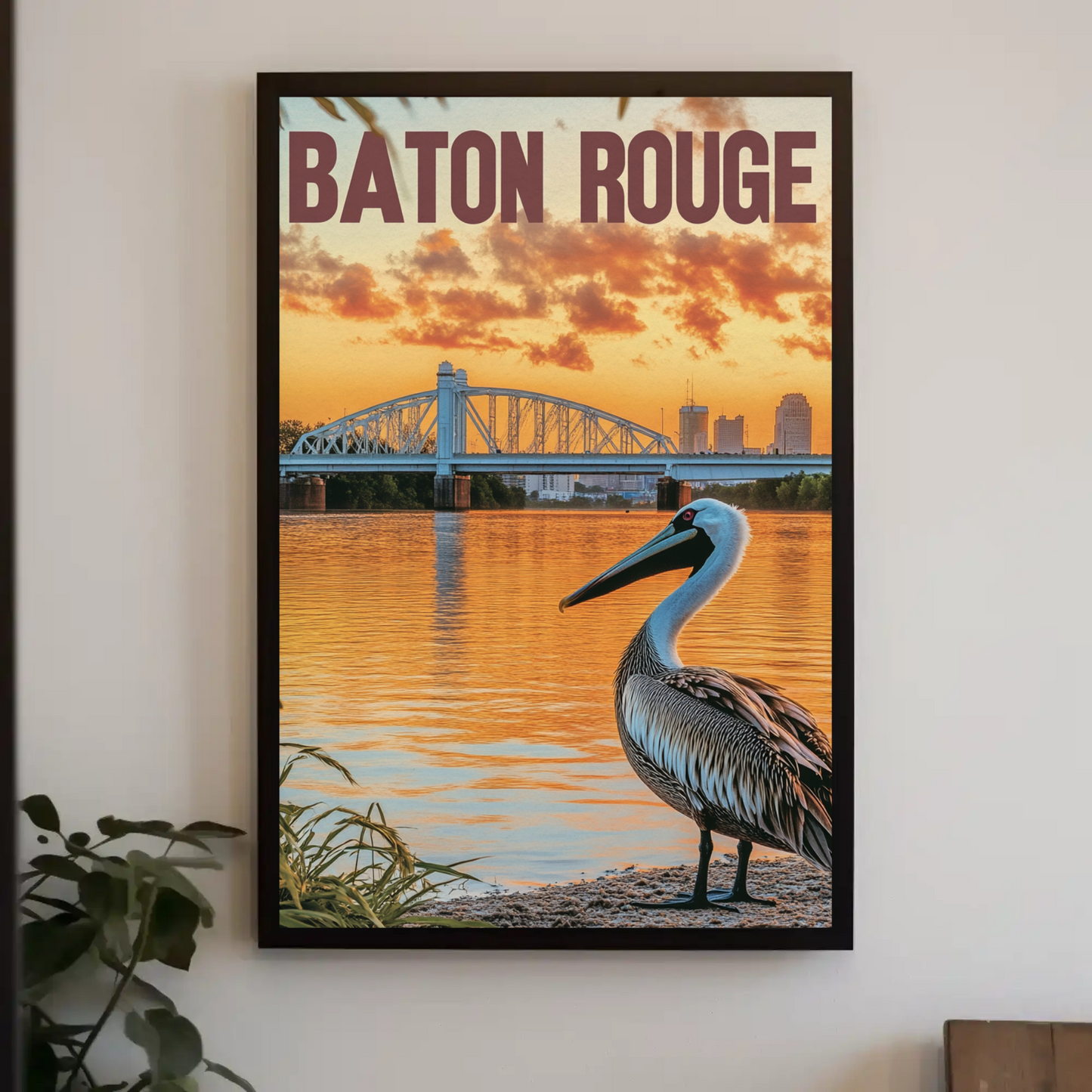 Vintage Travel Poster - Baton Rouge Pelican Sunset
