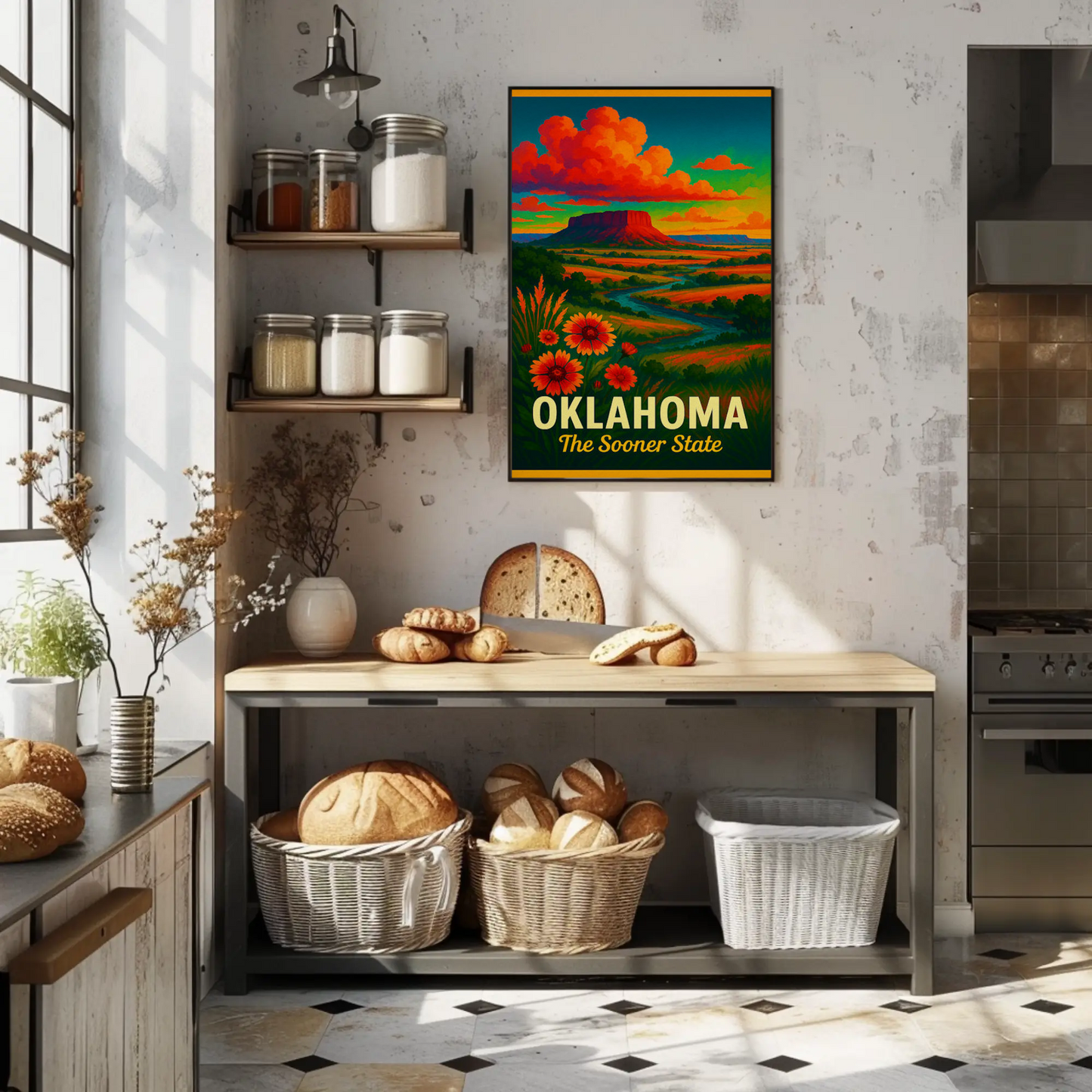 Oklahoma Sooner State Wildflowers Sunset Prairie Travel Poster
