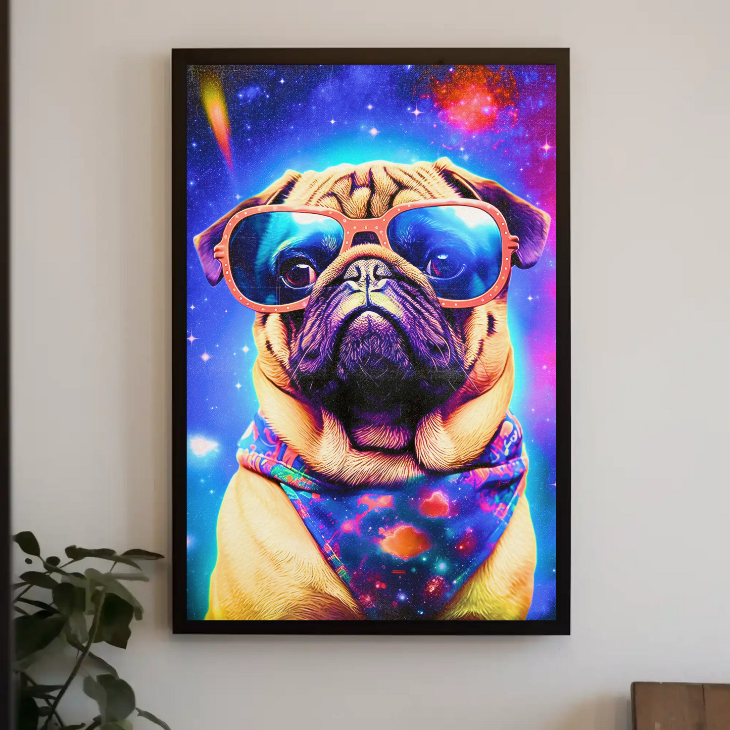 Space Pug Dog Neon Galaxy Glasses Cool Poster Art