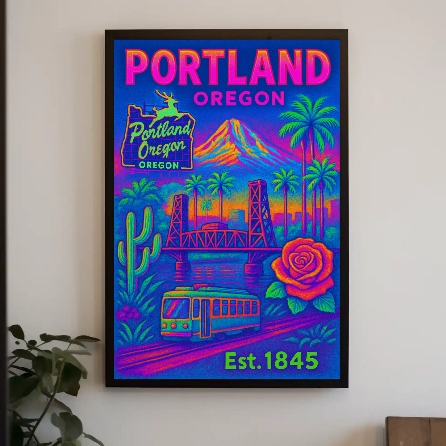 Portland Oregon Rose Bridge Mountain Vintage Travel Poster