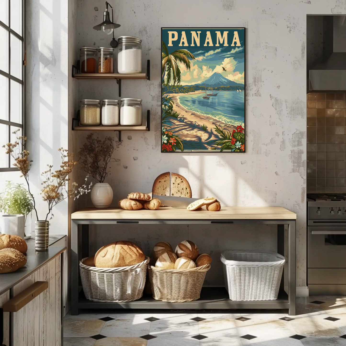 Panama Beach Volcano Sailboats Paradise Travel Poster