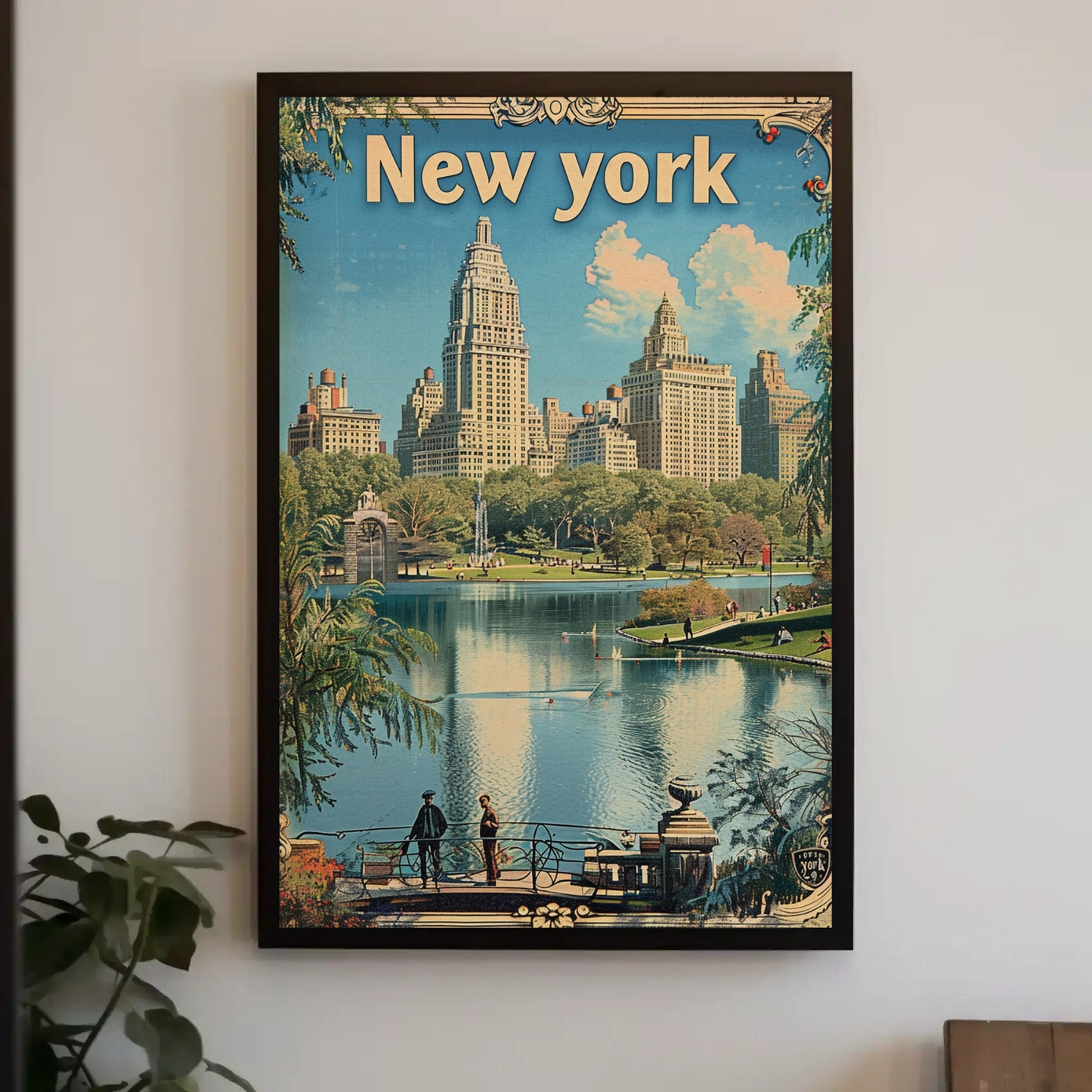 New York Central Park Skyline Lake Vintage Travel Poster