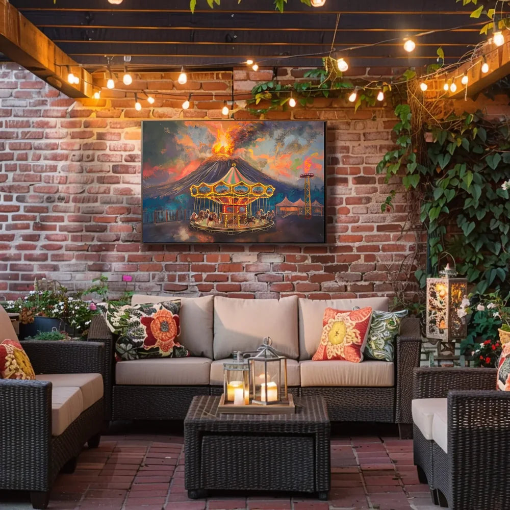 Surreal Carousel and Volcano Imaginative Art Poster