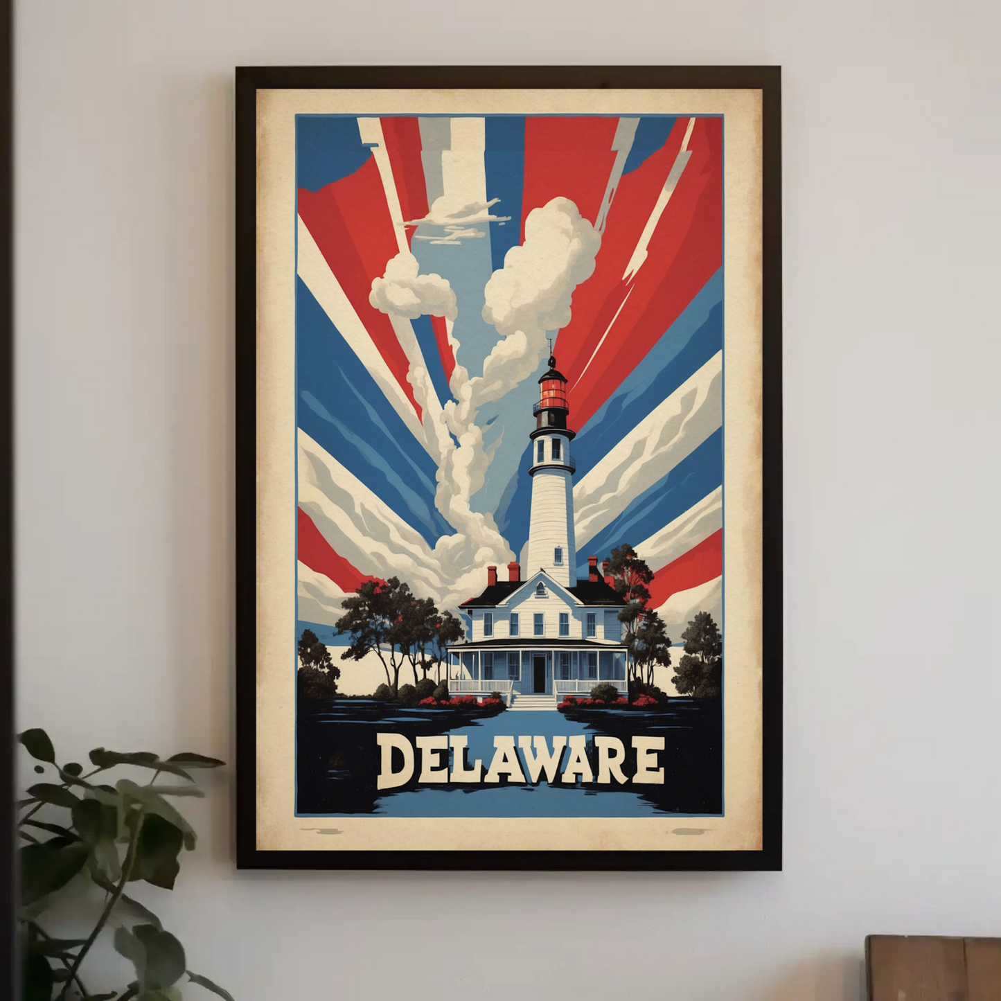 Delaware Lighthouse Patriotic Rays Vintage Travel Poster