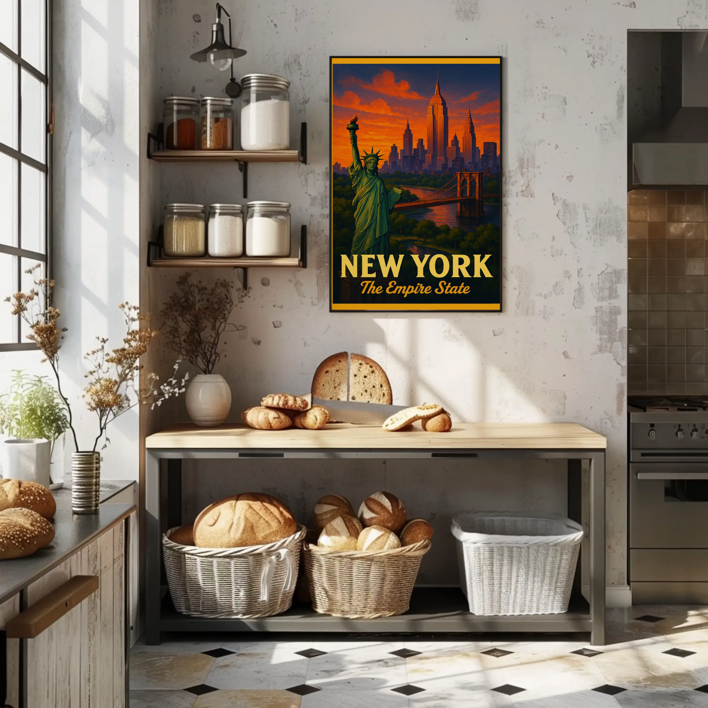 New York Empire State Liberty Brooklyn Bridge Sunset Travel Poster