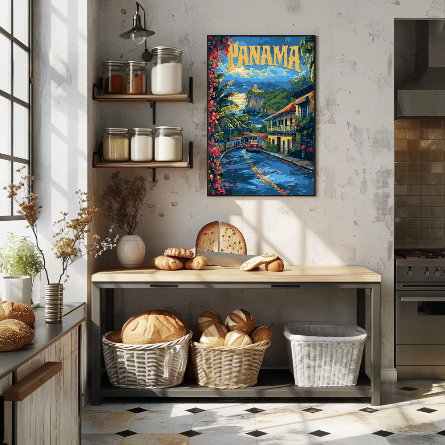 Panama Coastal Cliffs Village Retro Street View Travel Poster