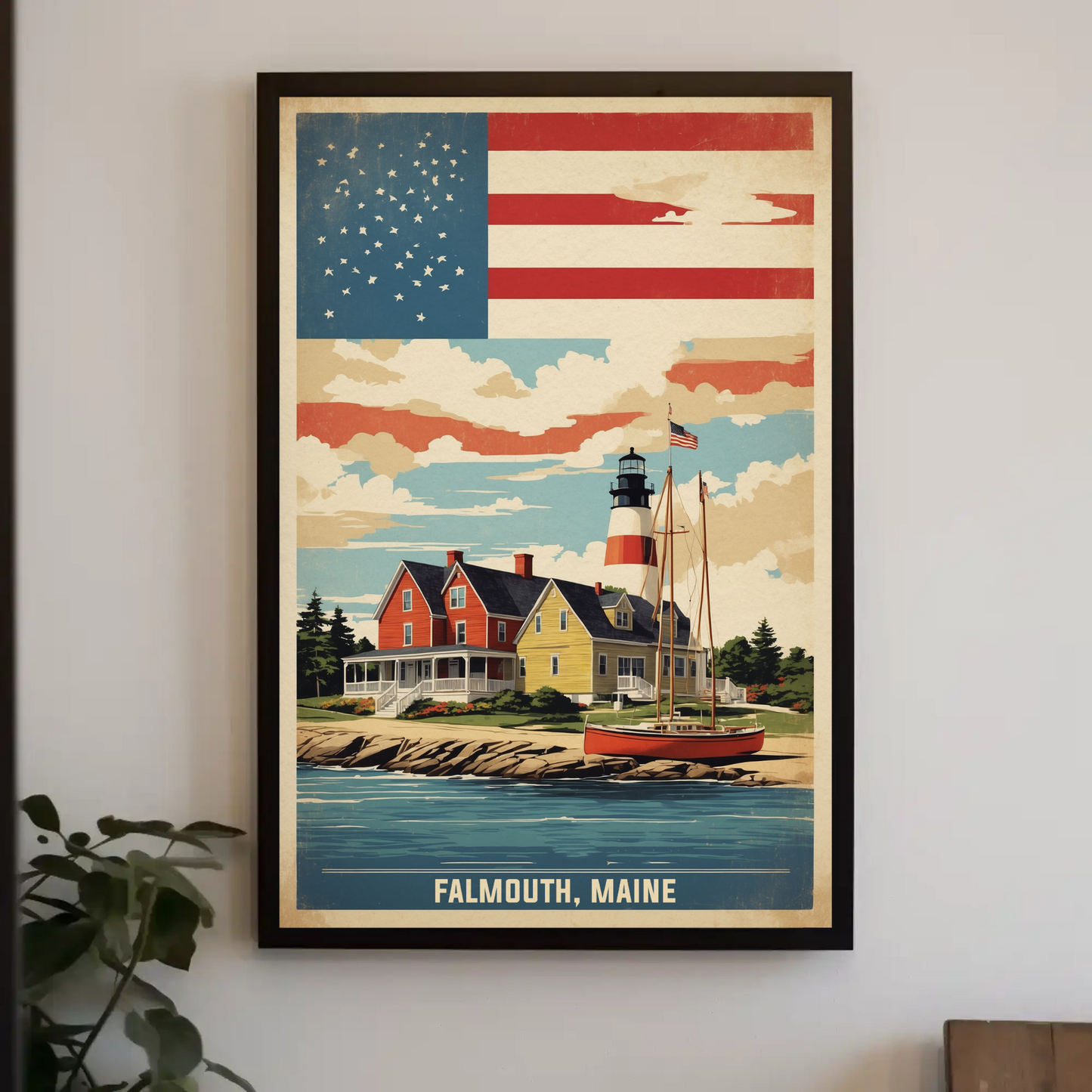 Falmouth Maine Lighthouse Harbor Scene Vintage Travel Poster