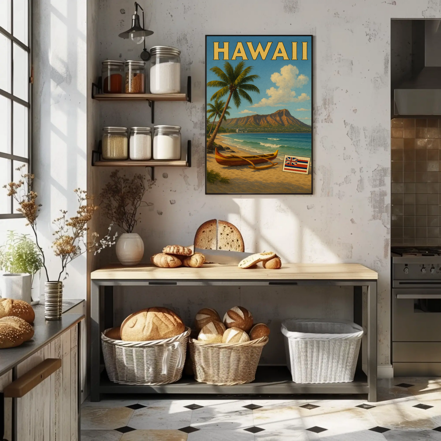 Hawaii Canoe Flag Diamond Head Ocean View Travel Poster