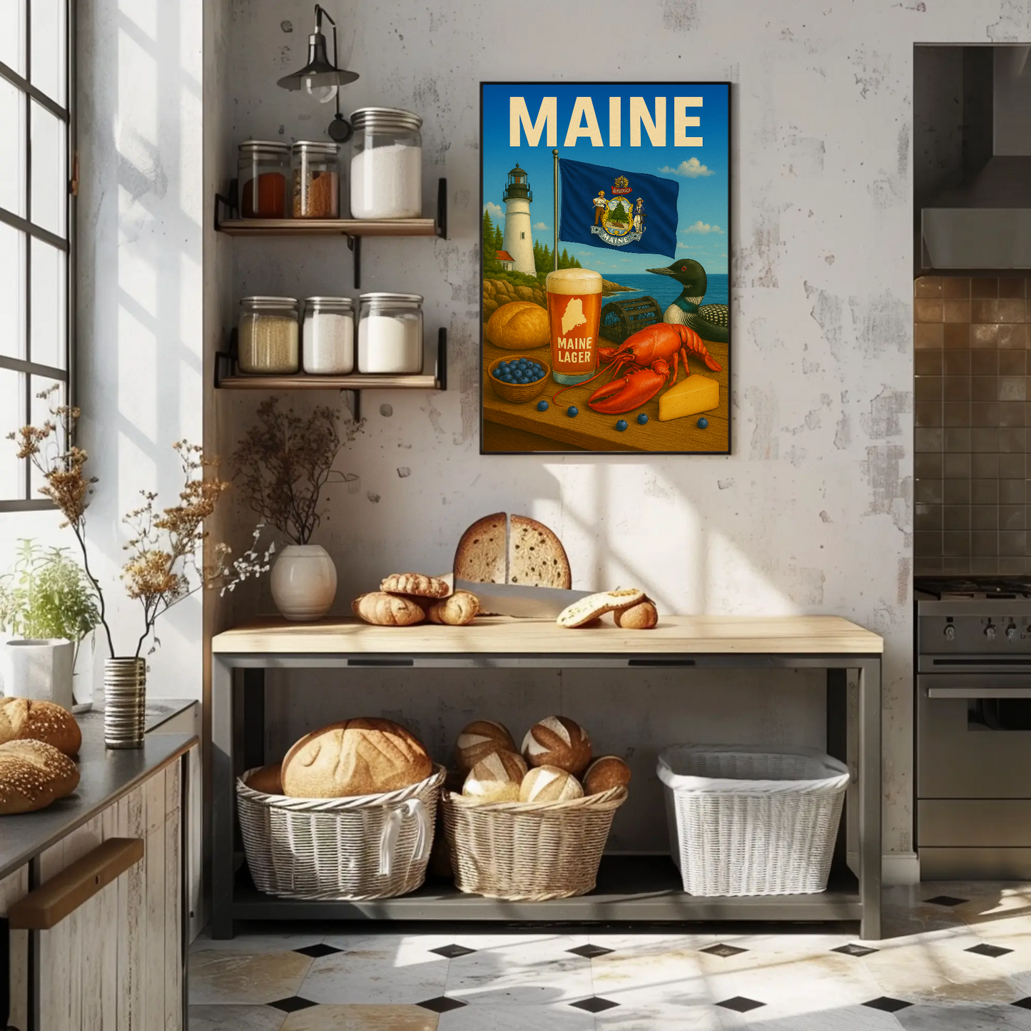 Maine Lobster Lighthouse Blueberry Beer Nature Travel Poster