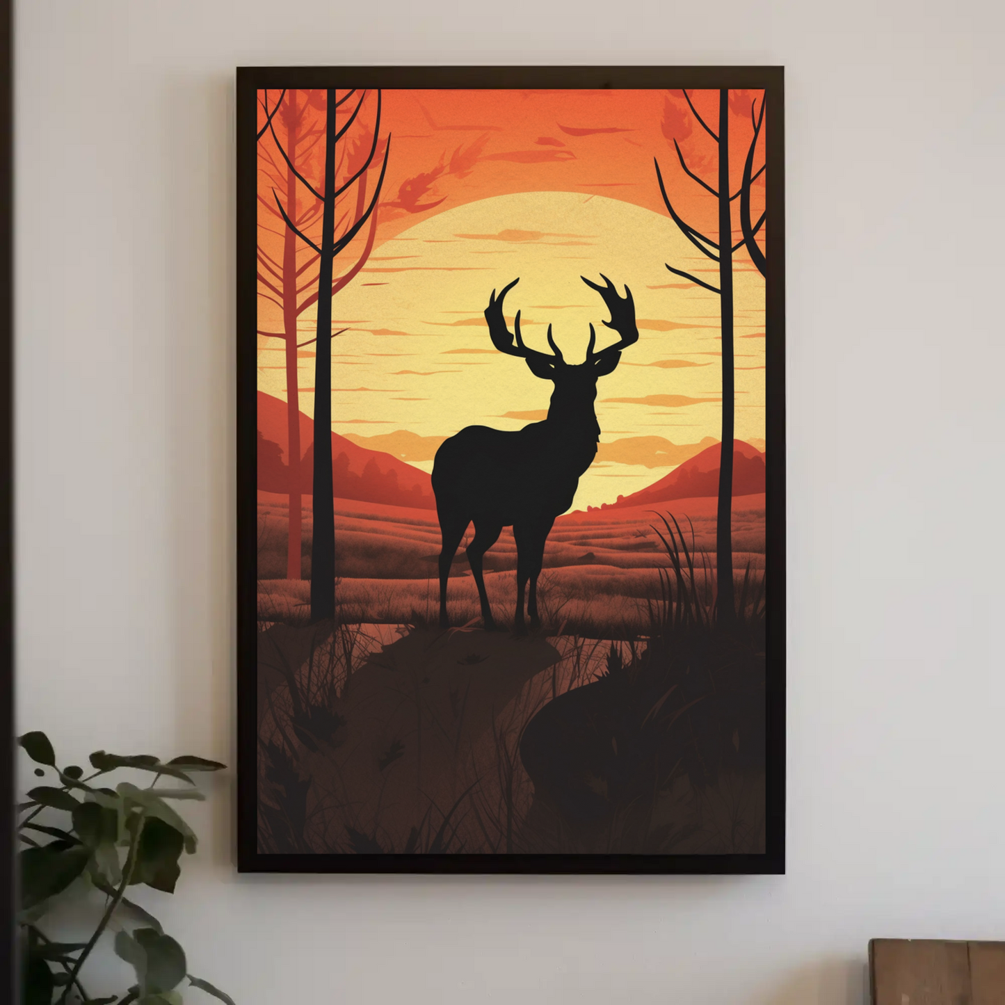 Sunset Forest Silhouette Deer Landscape Vintage Travel Poster