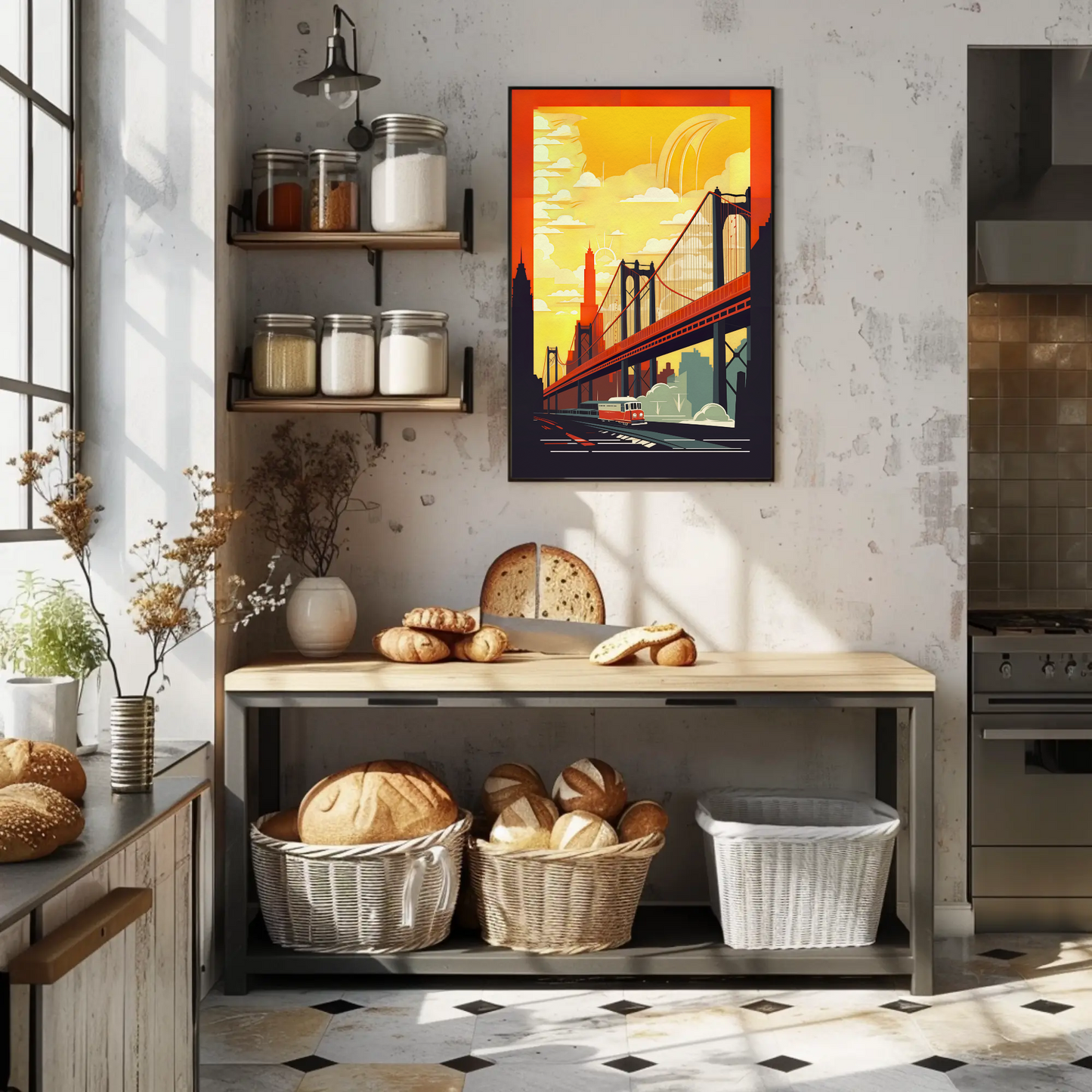 Golden Bridge City Transit Scene Travel Poster