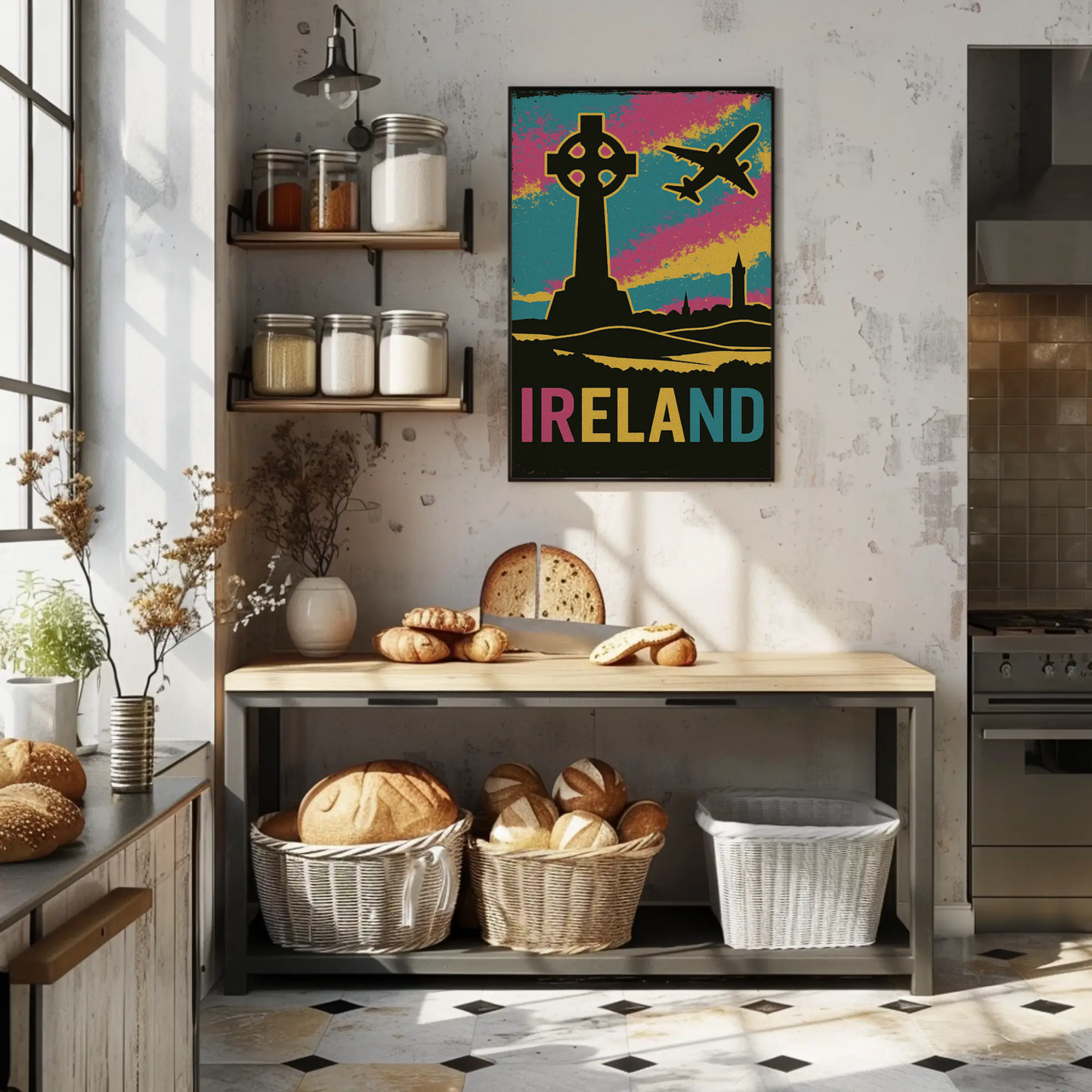 Ireland Celtic Cross Air Travel Retro Poster