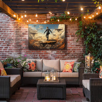 Surreal Suit Man on Broken Platforms Artistic Poster