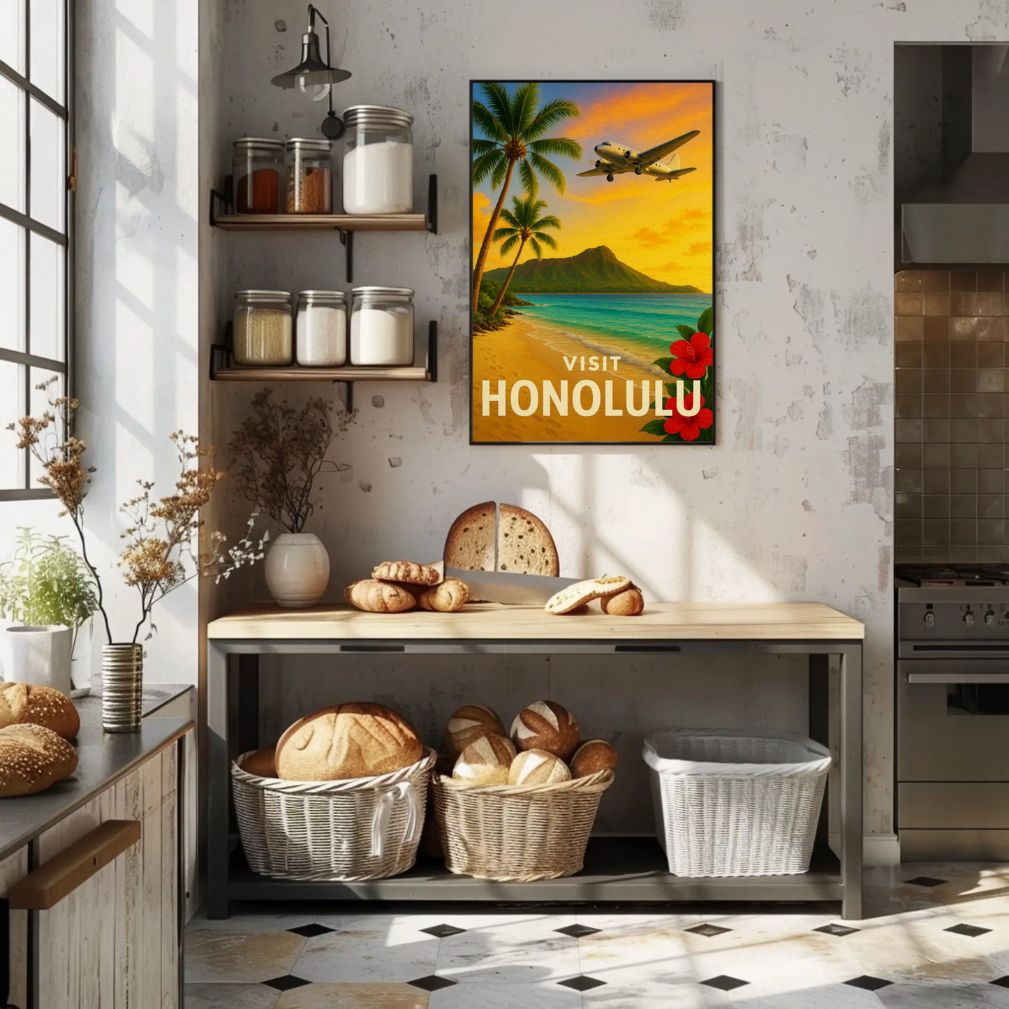 Visit Honolulu Hawaii Vintage Plane Palm Beach Travel Poster