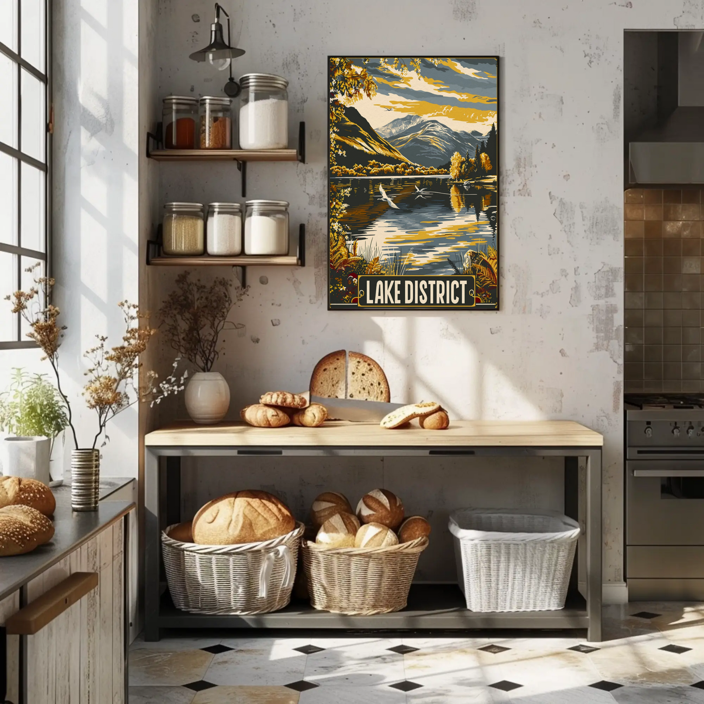 Lake District Golden Mountains Waterfowl Scene Travel Poster